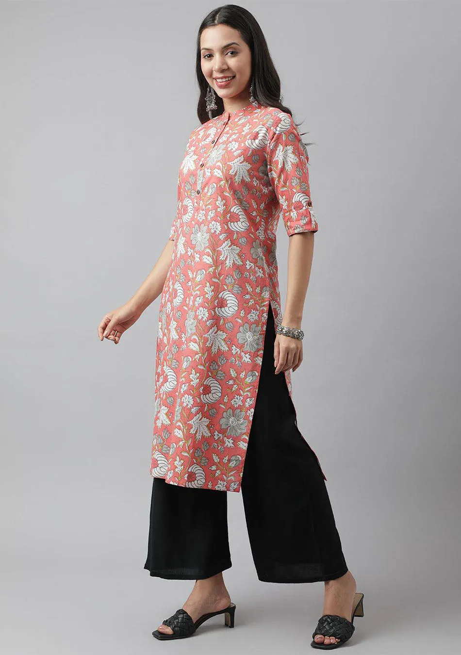 Jashvi Pink & Multi Floral Printed Straight Kurta