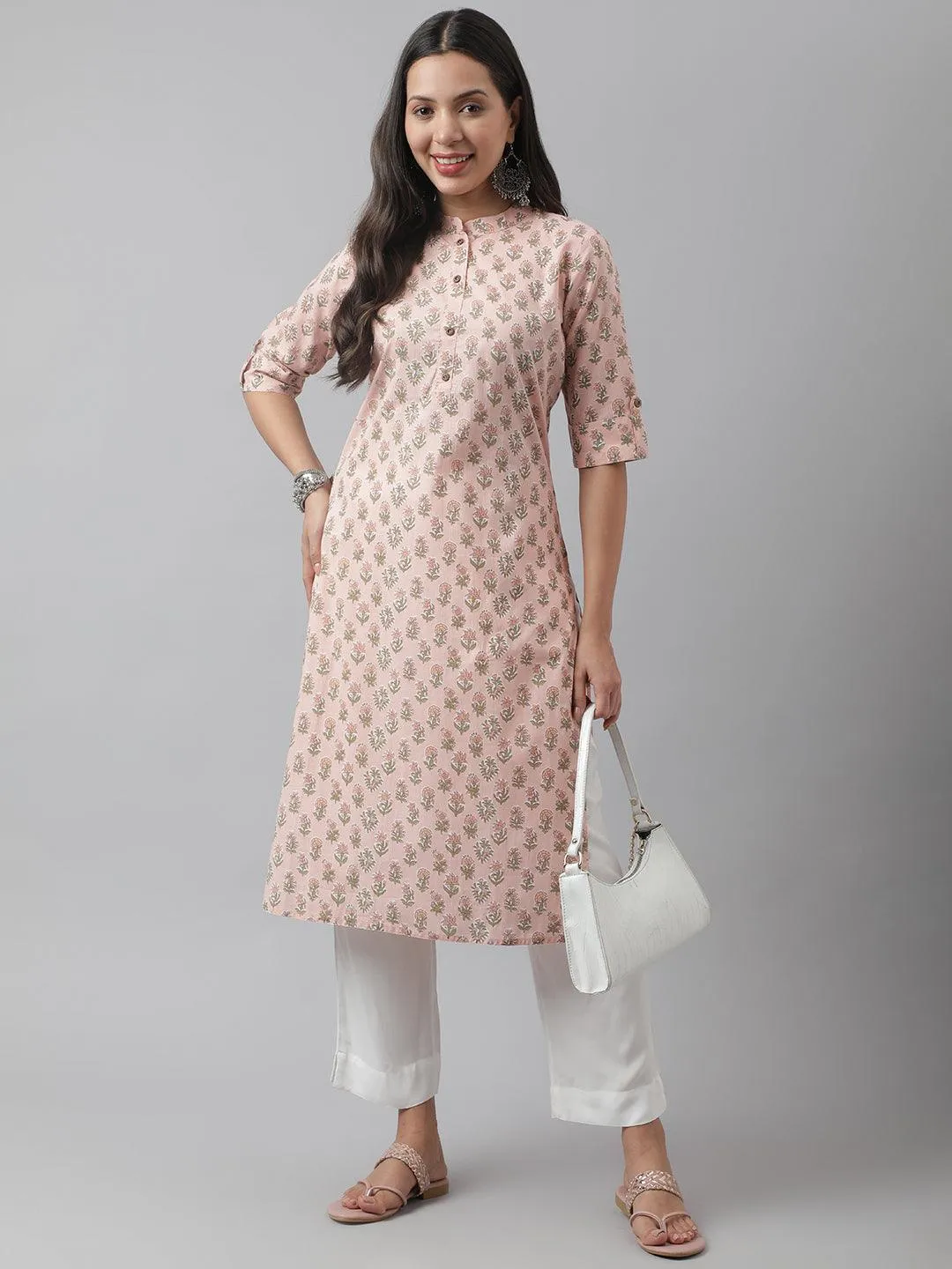 Jashvi Soft Pink Floral Printed Straight Kurta