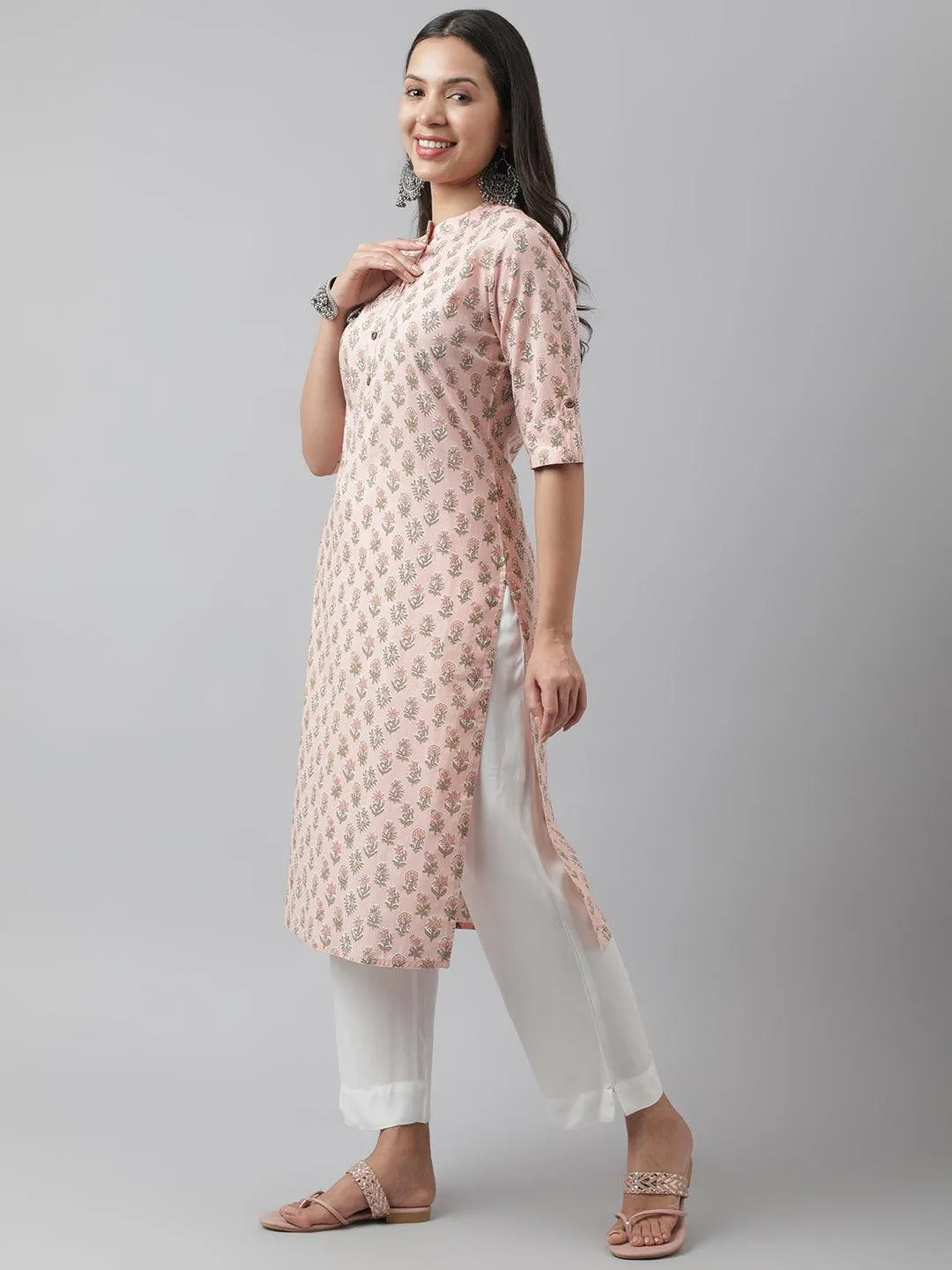 Jashvi Soft Pink Floral Printed Straight Kurta