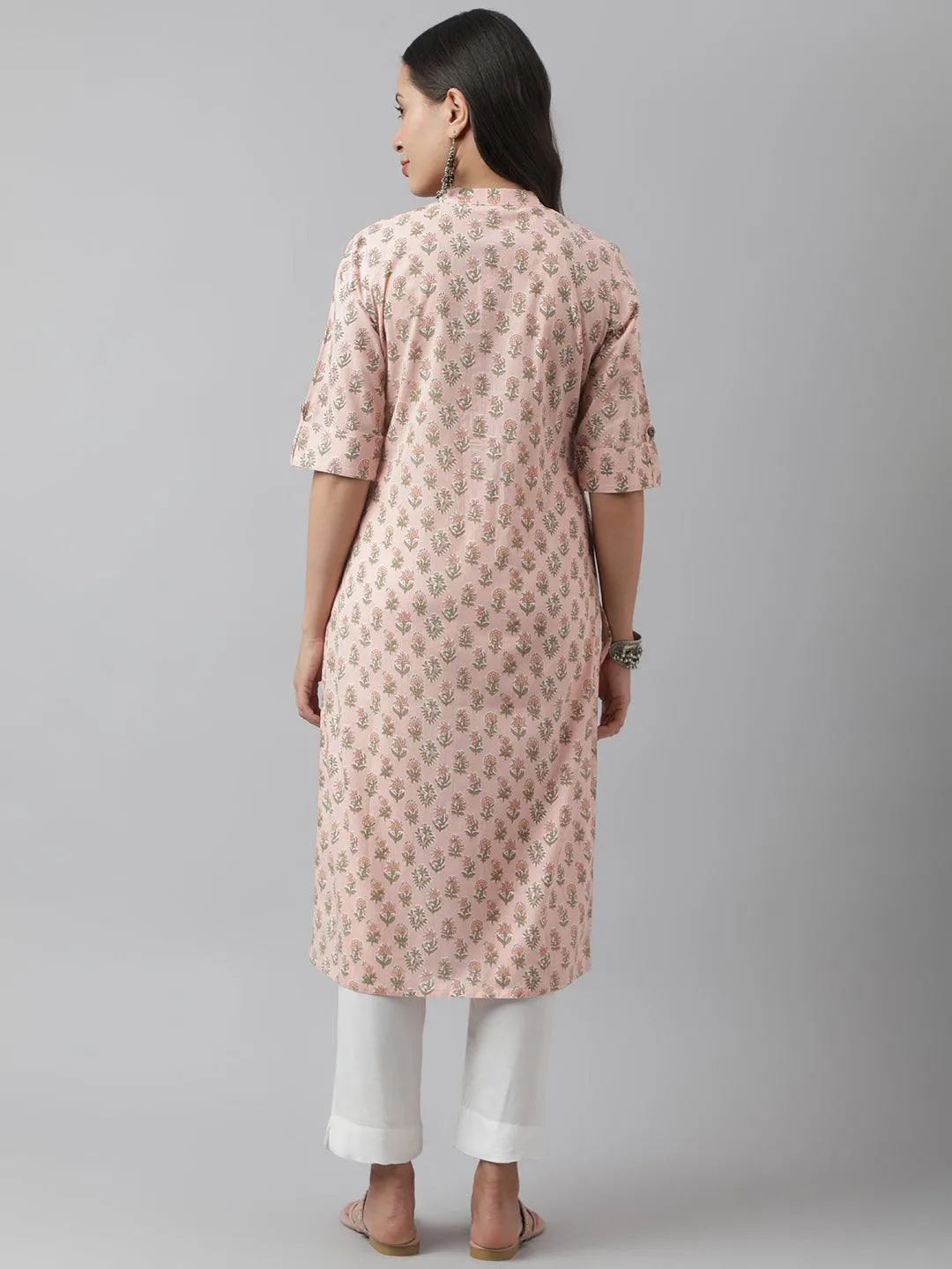 Jashvi Soft Pink Floral Printed Straight Kurta