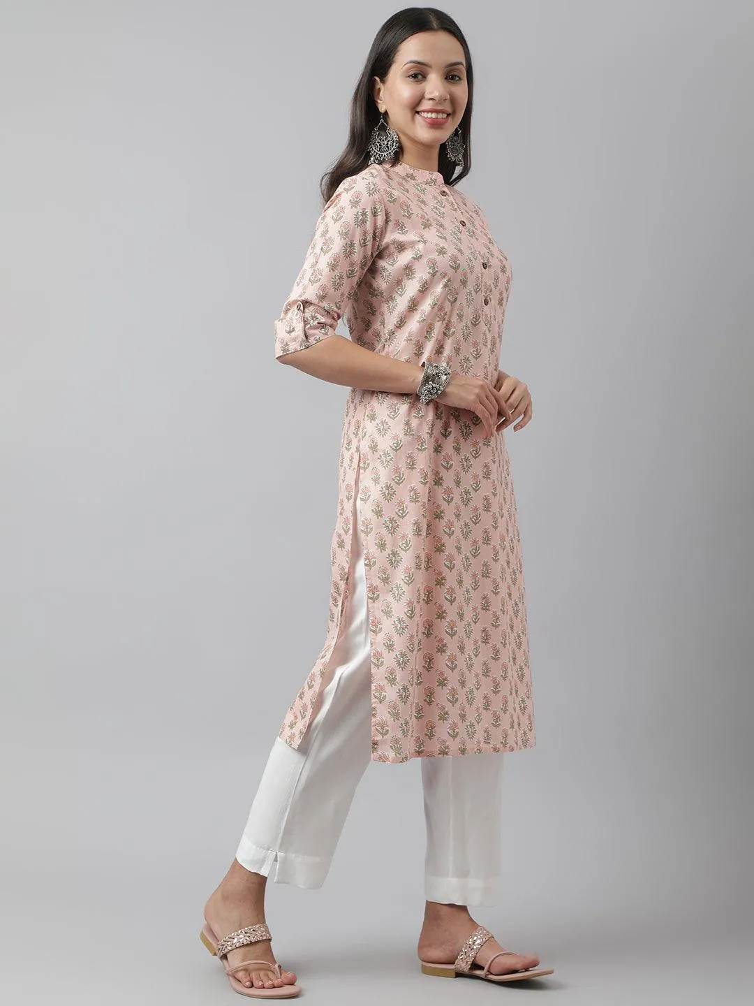 Jashvi Soft Pink Floral Printed Straight Kurta