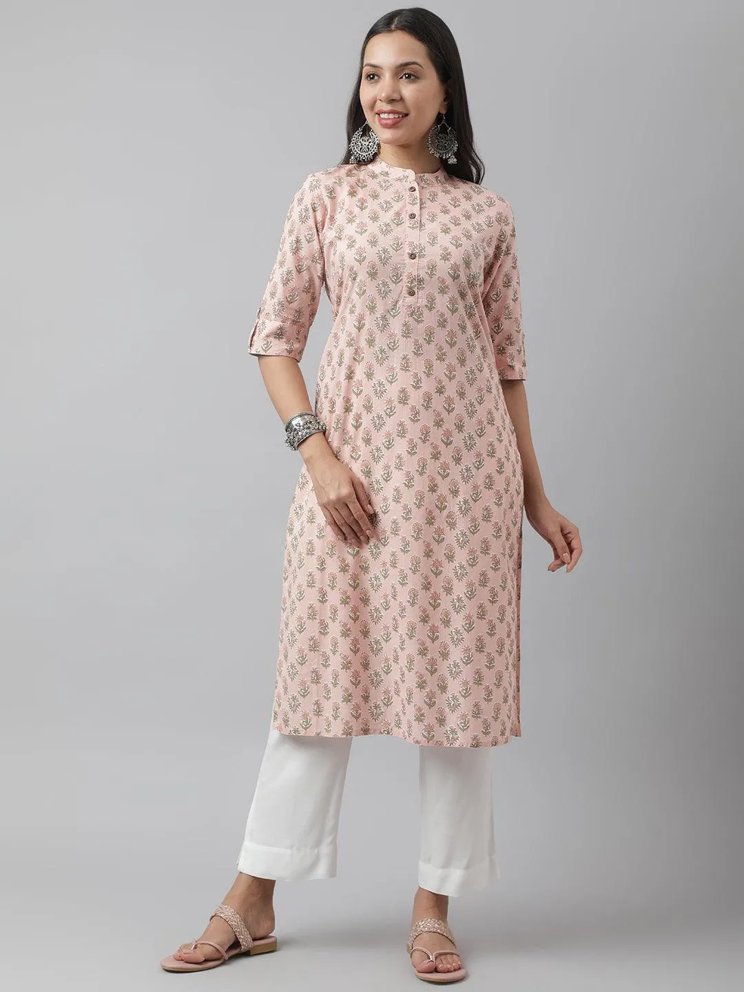 Jashvi Soft Pink Floral Printed Straight Kurta