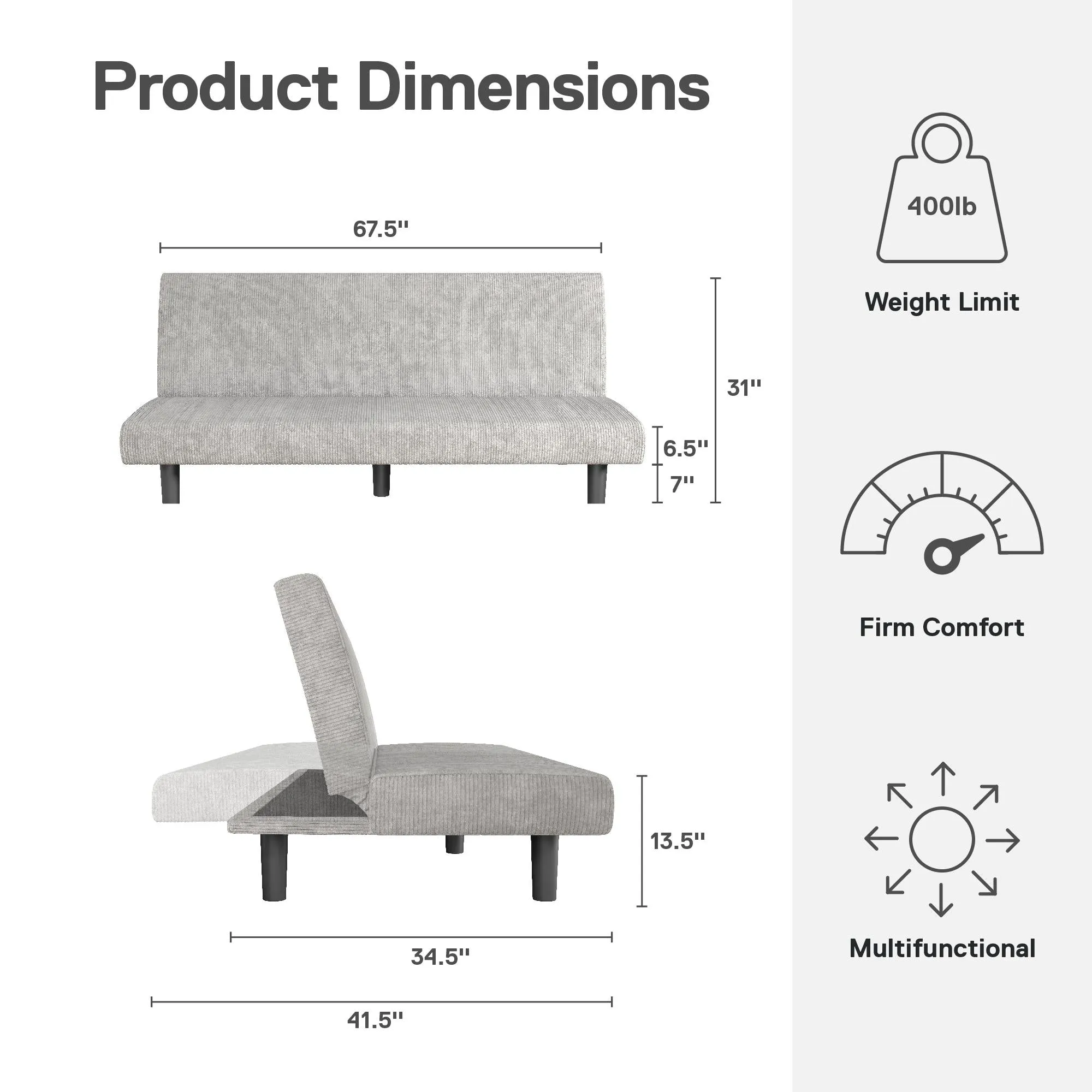 Kelra Armless Mid-Century Futon Sofa Bed