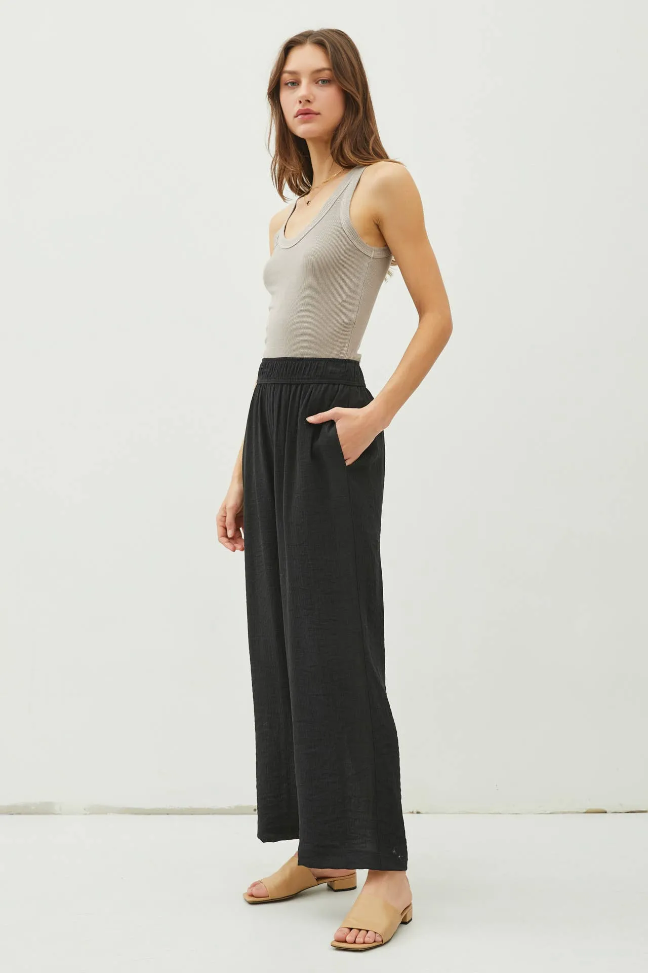 LIGHTWEIGHT RAYON BLEND PULL ON WIDE LEG PANTS