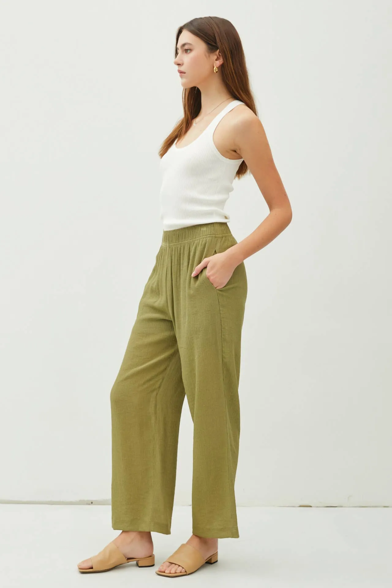 LIGHTWEIGHT RAYON BLEND PULL ON WIDE LEG PANTS