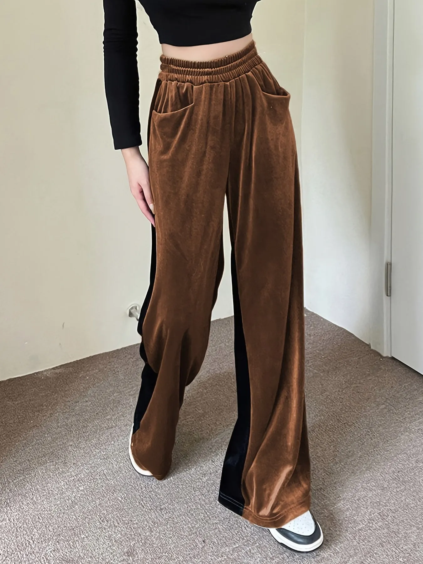 Loose Straight Color Block Casual Pocket High Waist Wide Leg Fashion Comfy Slim Pants