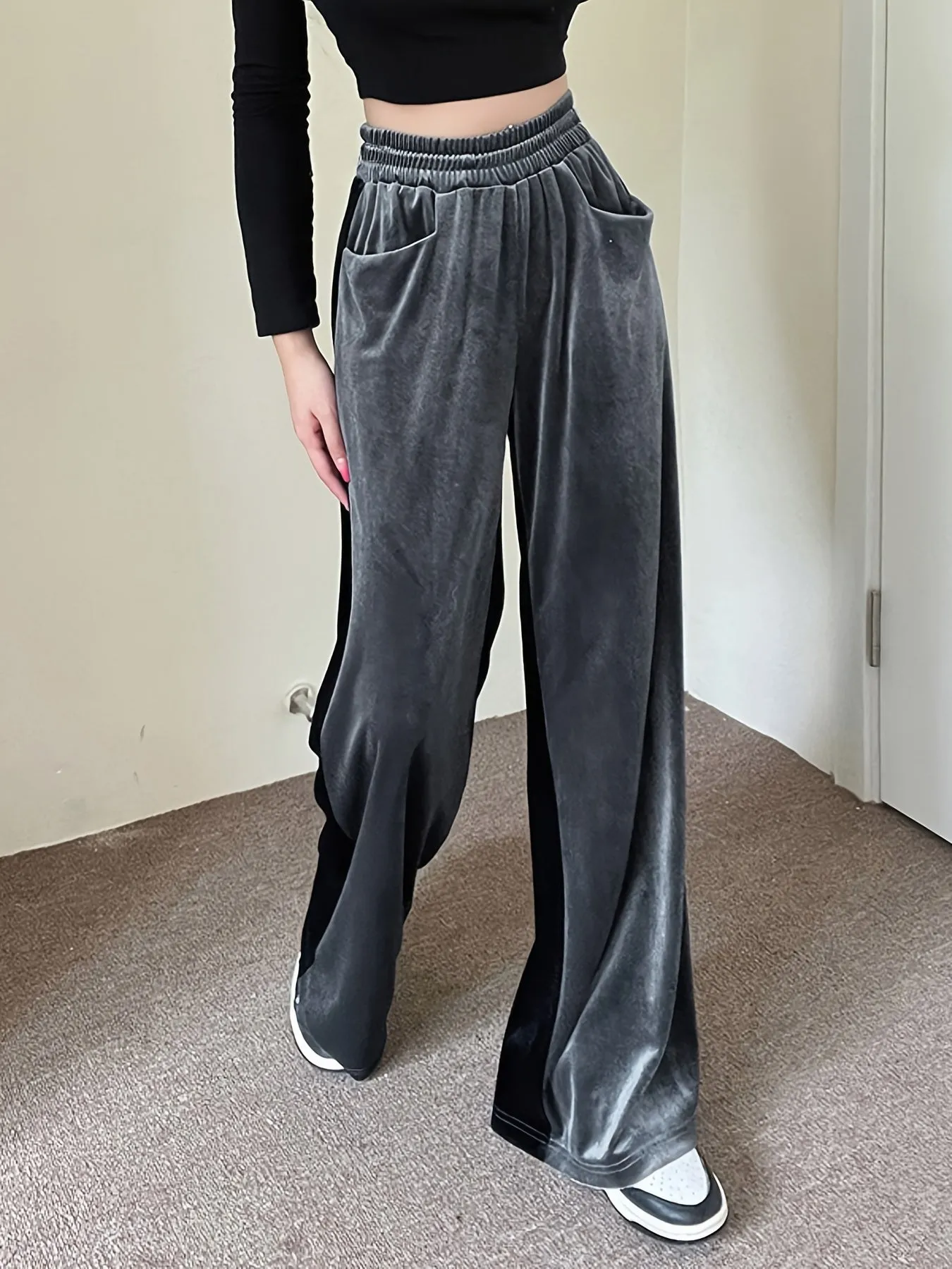 Loose Straight Color Block Casual Pocket High Waist Wide Leg Fashion Comfy Slim Pants