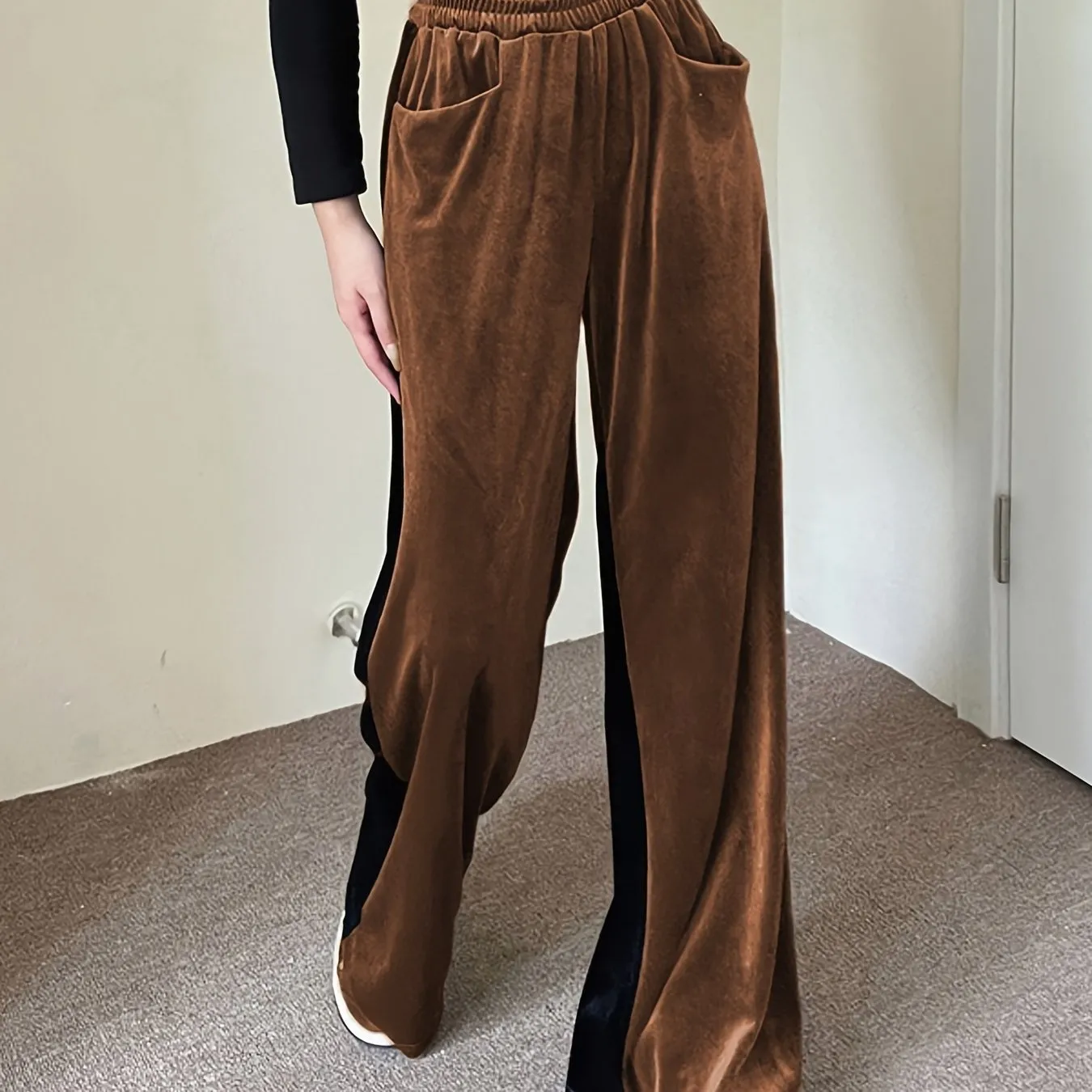 Loose Straight Color Block Casual Pocket High Waist Wide Leg Fashion Comfy Slim Pants