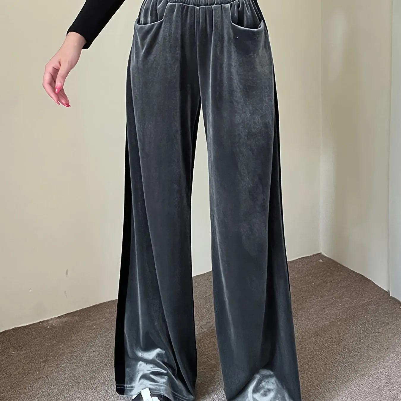 Loose Straight Color Block Casual Pocket High Waist Wide Leg Fashion Comfy Slim Pants