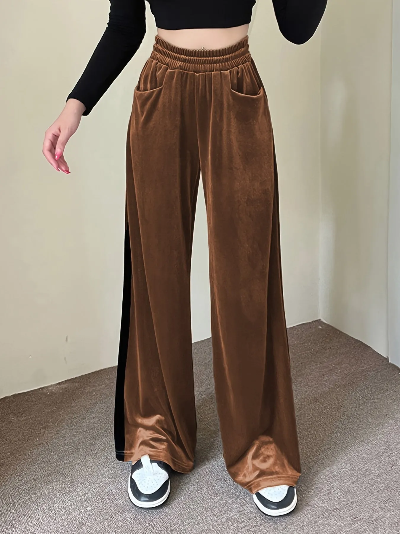 Loose Straight Color Block Casual Pocket High Waist Wide Leg Fashion Comfy Slim Pants