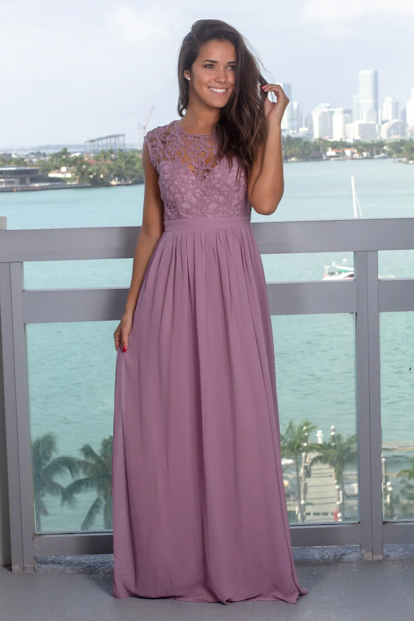 Mauve Crochet Maxi Dress with Tulle Back