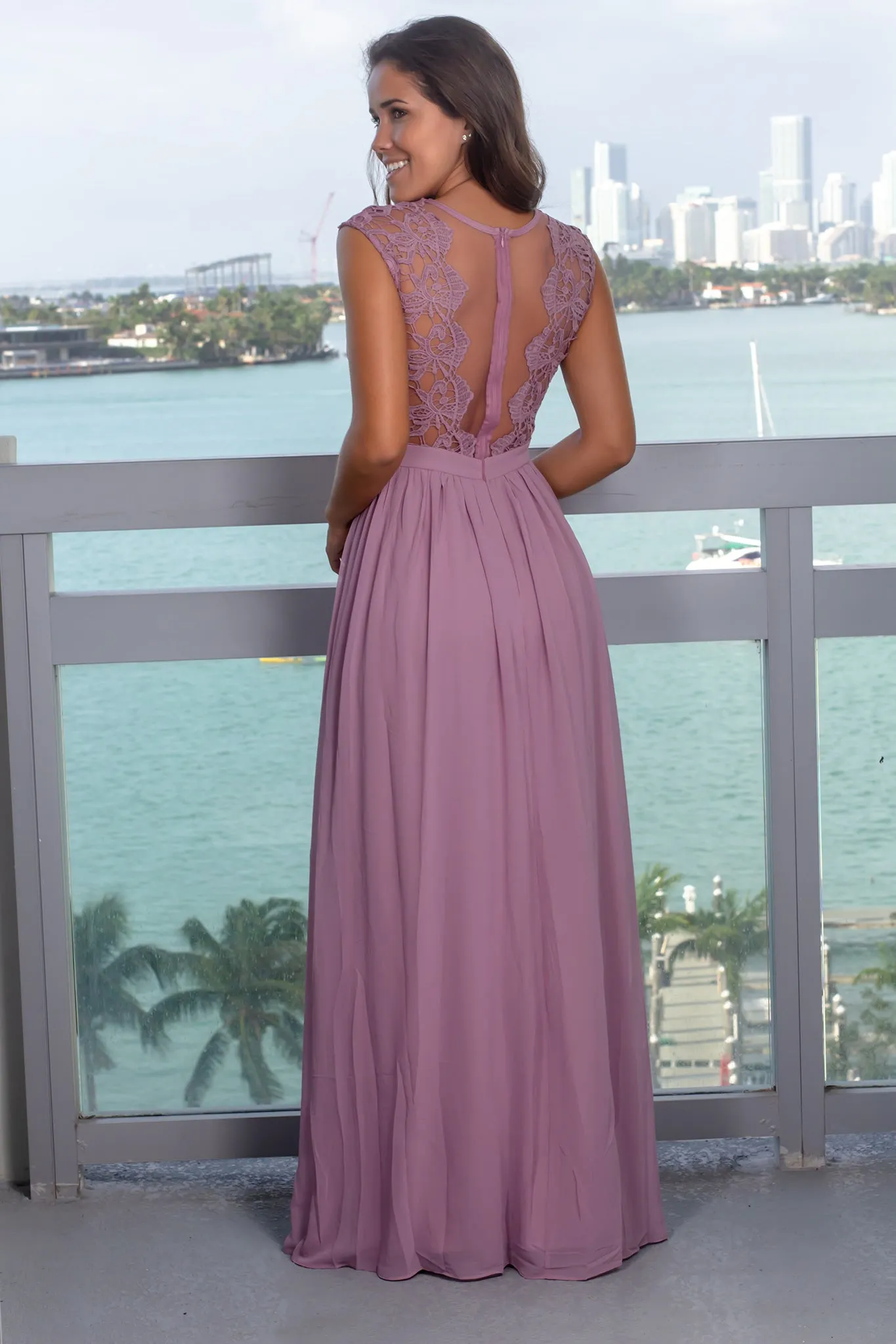 Mauve Crochet Maxi Dress with Tulle Back