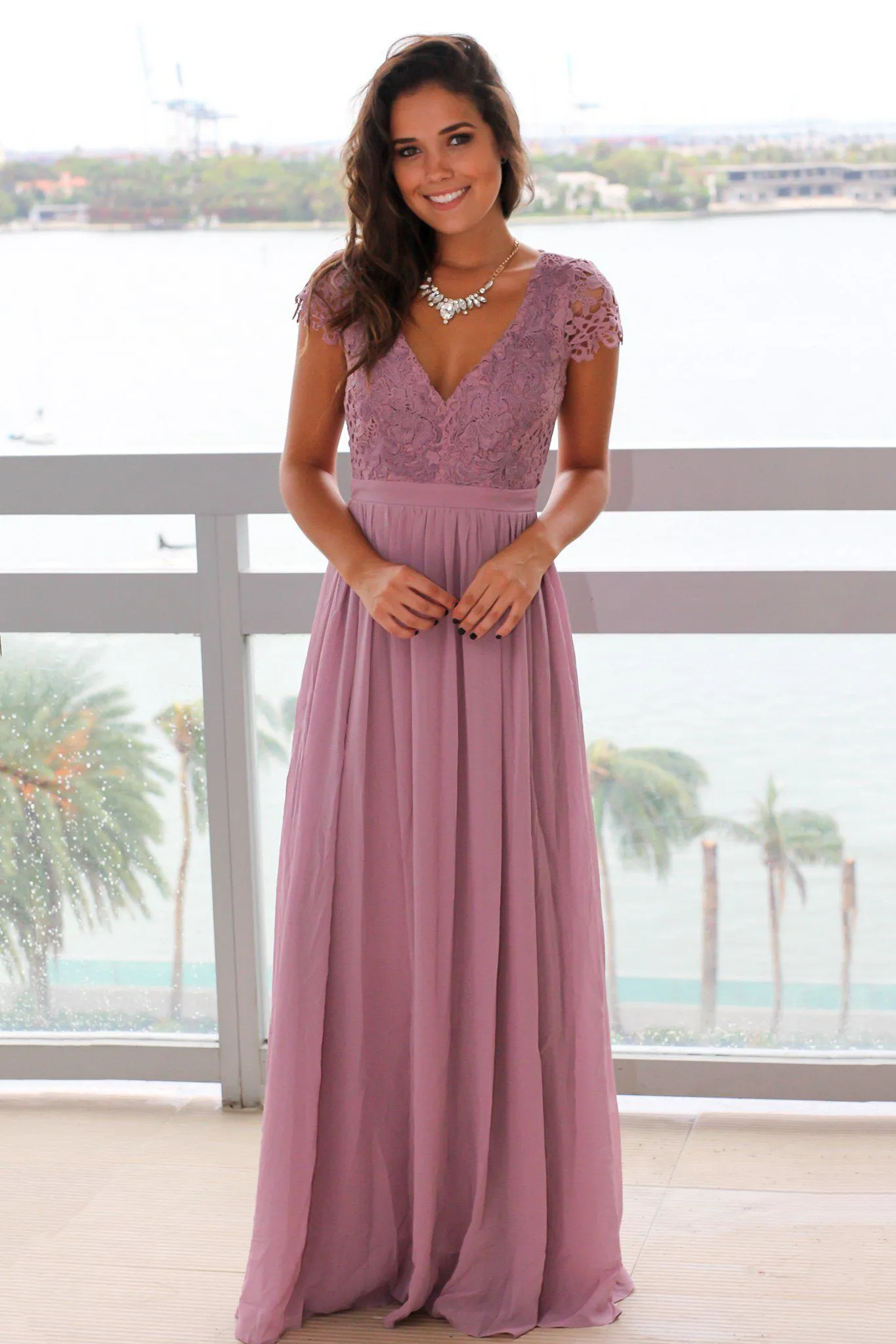 Mauve Crochet Top Maxi Dress with Open Back