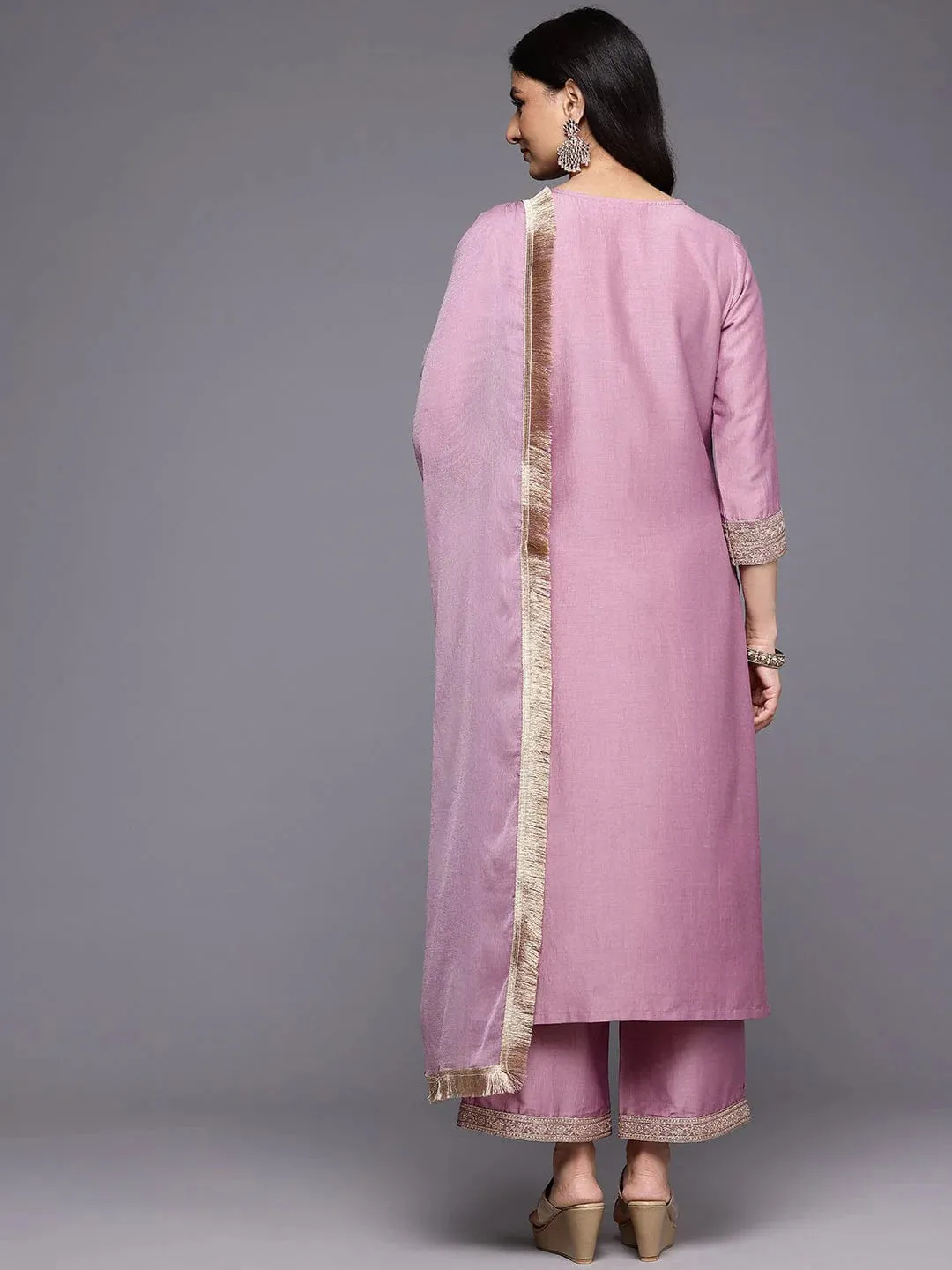 Mauve Silk Blend Zari Embroidered Suit Set with Pure Silk Dupatta