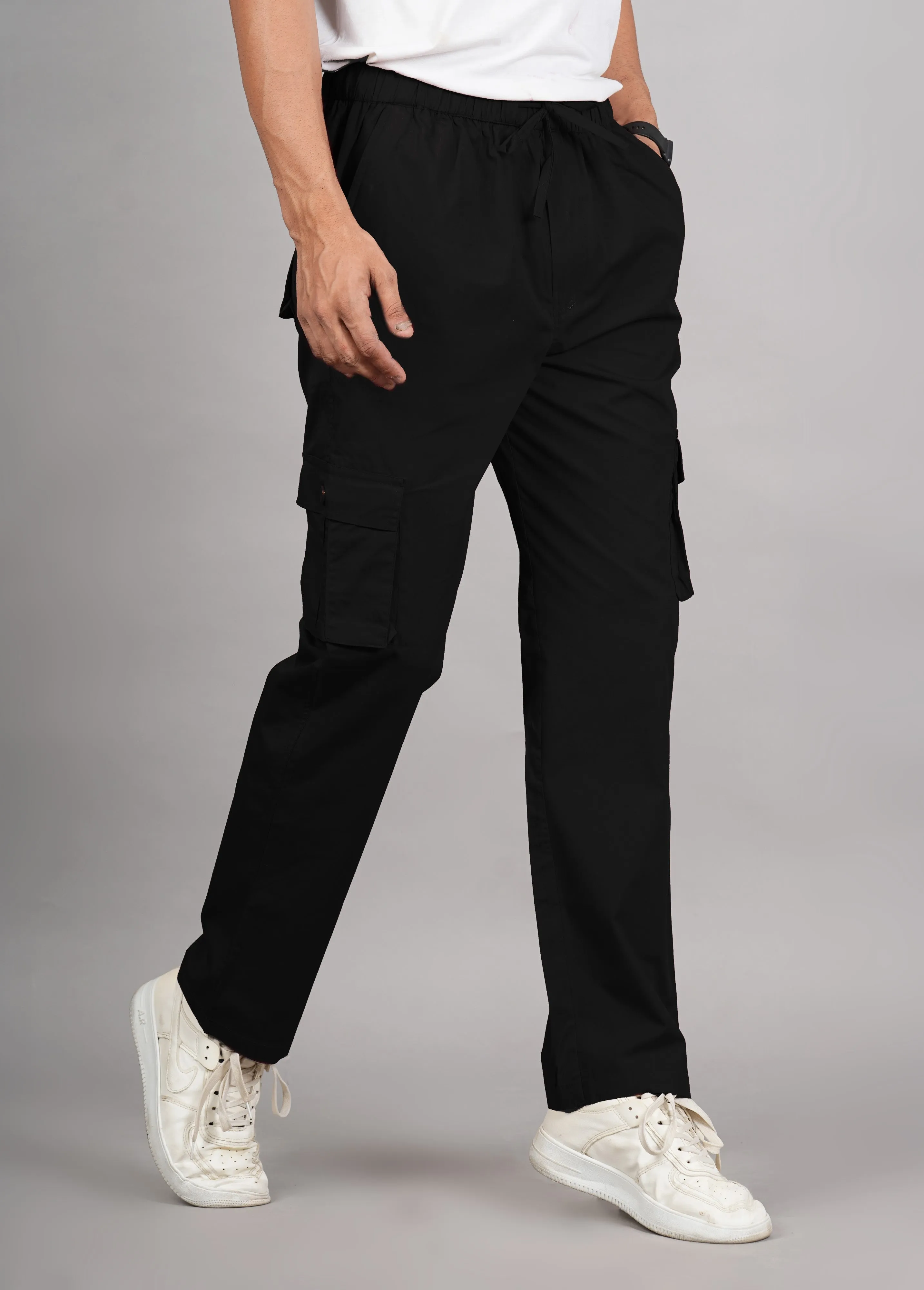 Men's Cotton Black Slim Fit Solid Cargos, Casual Trousers With Cargo Pockets (Black) - House Of Rp