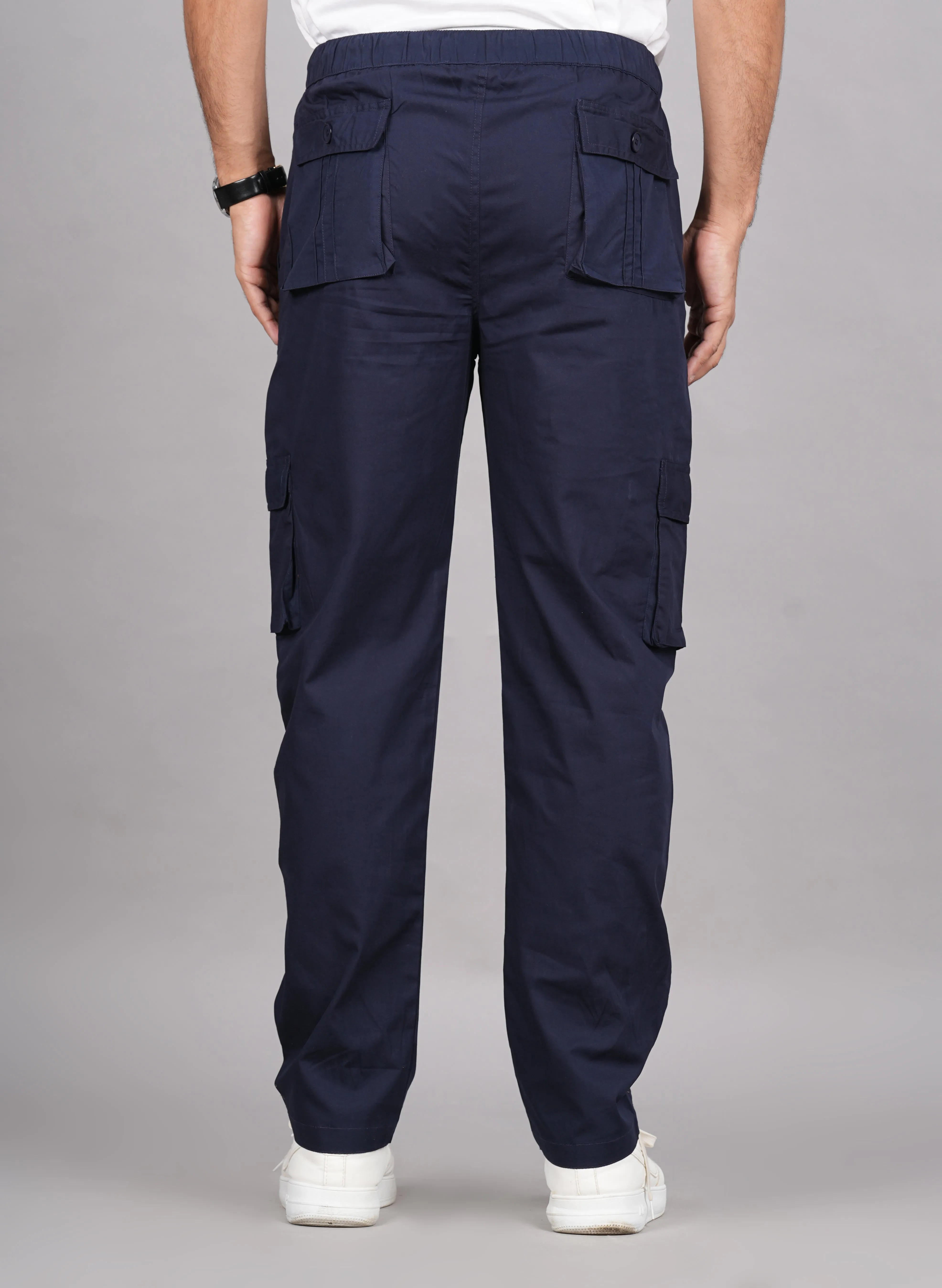 Men's Cotton Blue Slim Fit Solid Cargos, Casual Trousers With Cargo Pockets (Blue) - House Of Rp