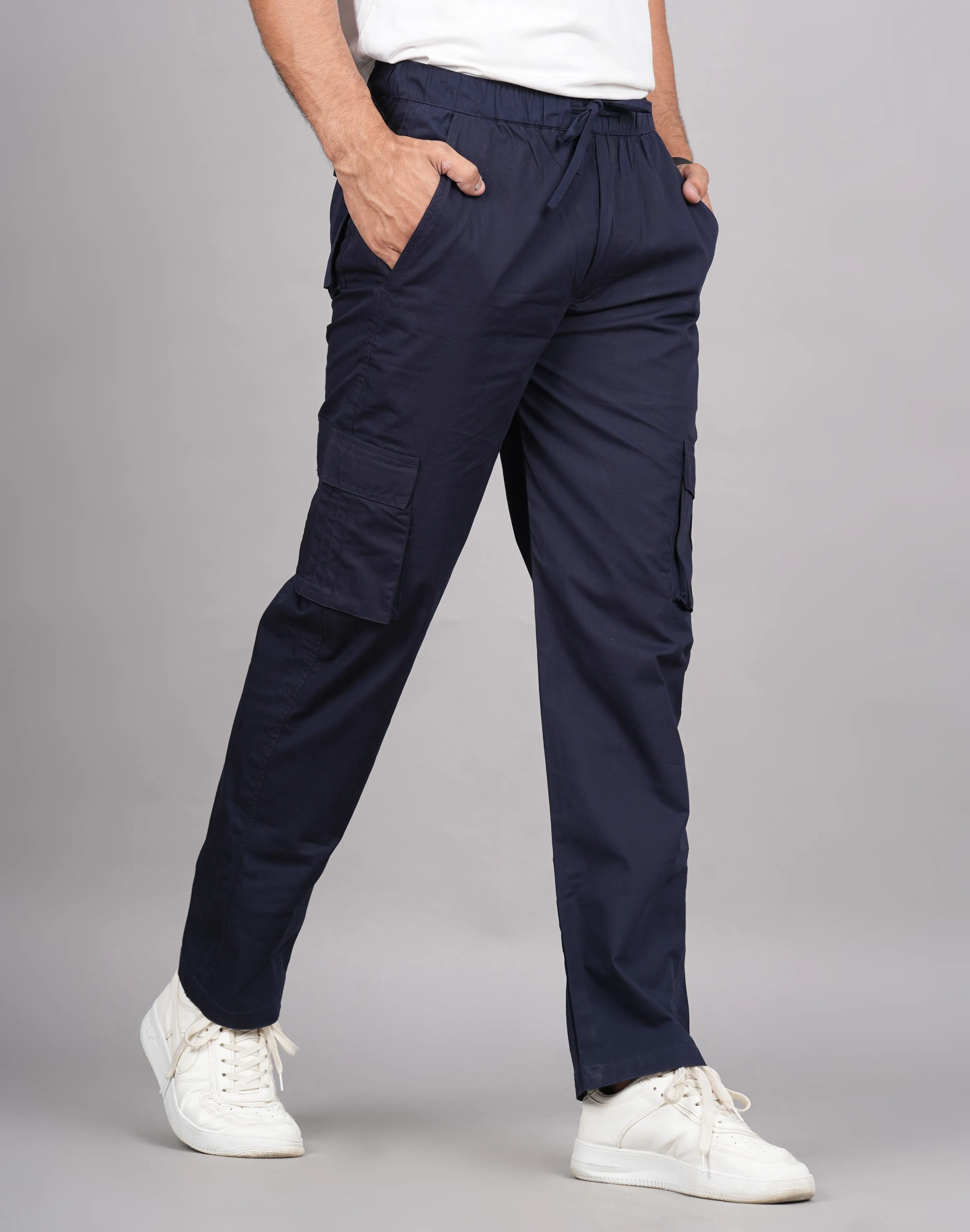 Men's Cotton Blue Slim Fit Solid Cargos, Casual Trousers With Cargo Pockets (Blue) - House Of Rp