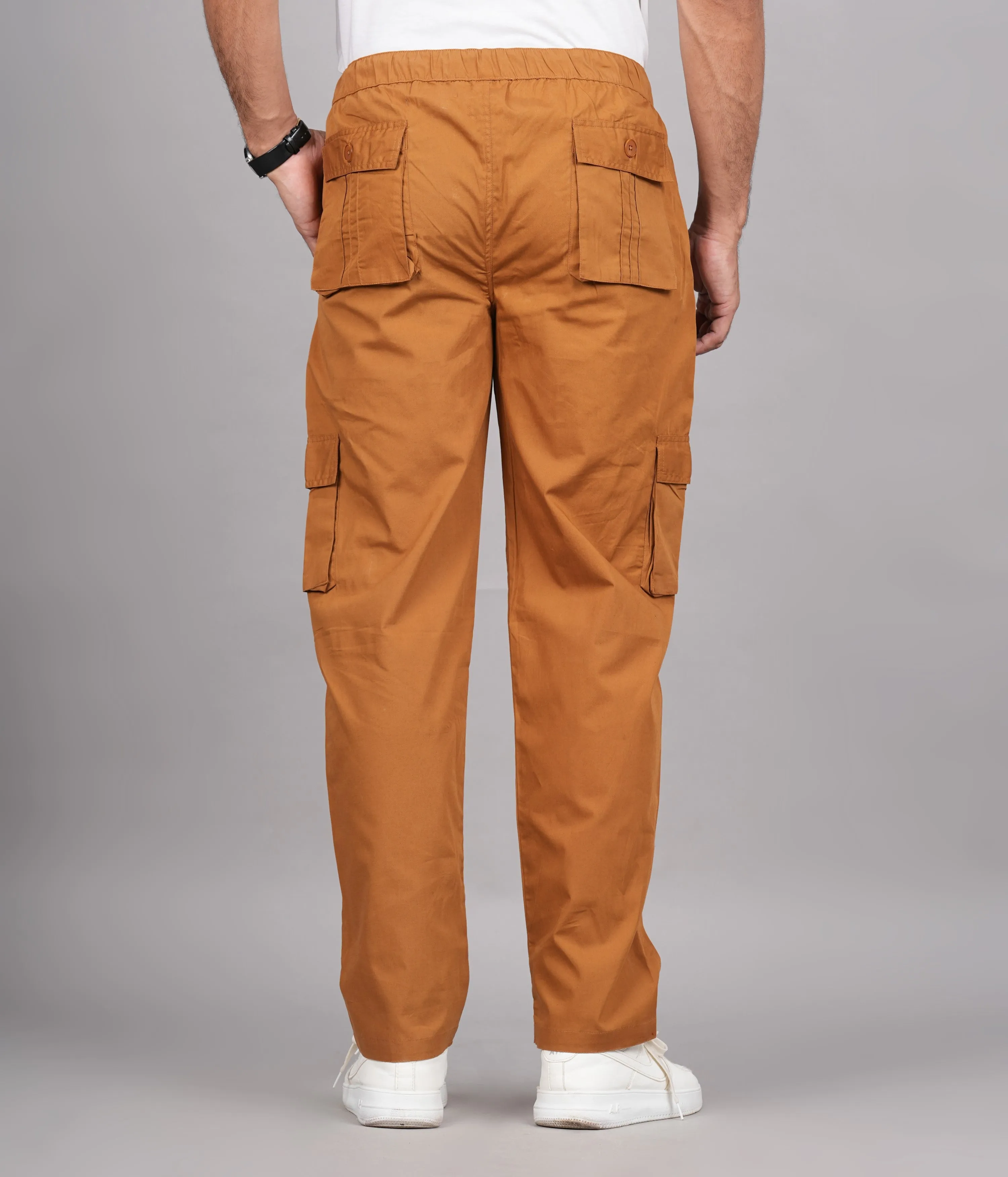 Men's Cotton Khaki Slim Fit Solid Cargos, Casual Trousers With Cargo Pockets (Brown) - House Of Rp