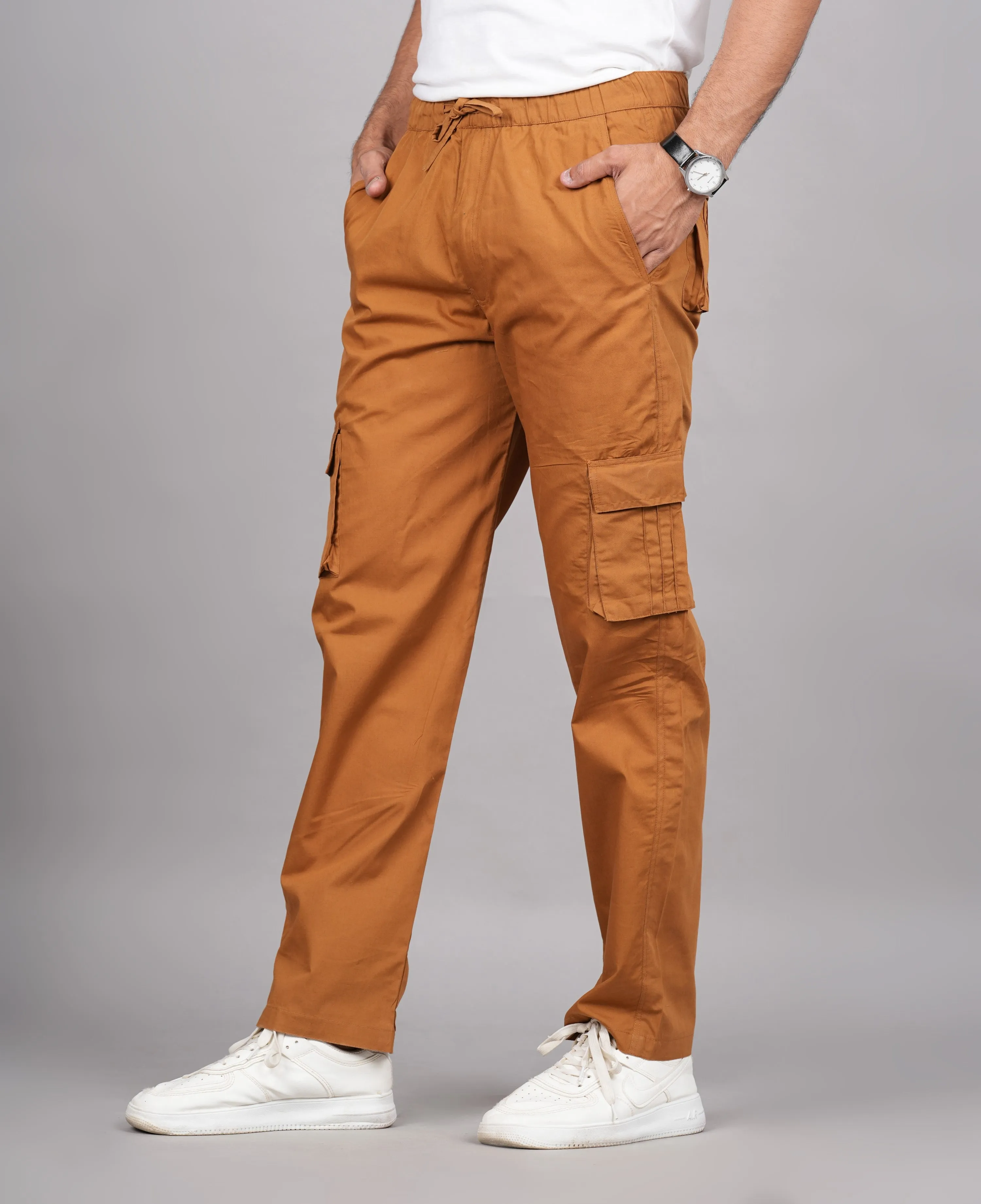 Men's Cotton Khaki Slim Fit Solid Cargos, Casual Trousers With Cargo Pockets (Brown) - House Of Rp