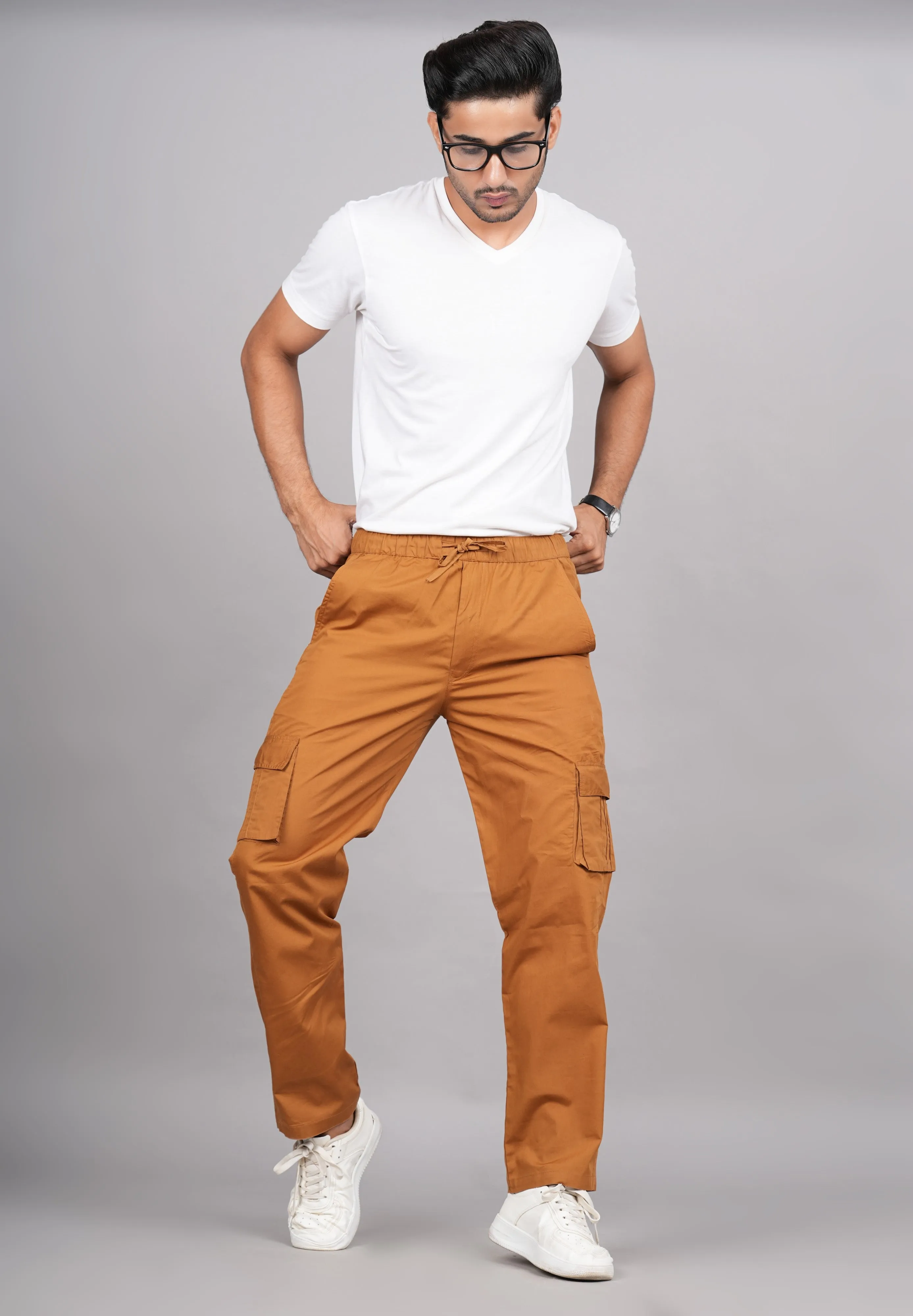 Men's Cotton Khaki Slim Fit Solid Cargos, Casual Trousers With Cargo Pockets (Brown) - House Of Rp