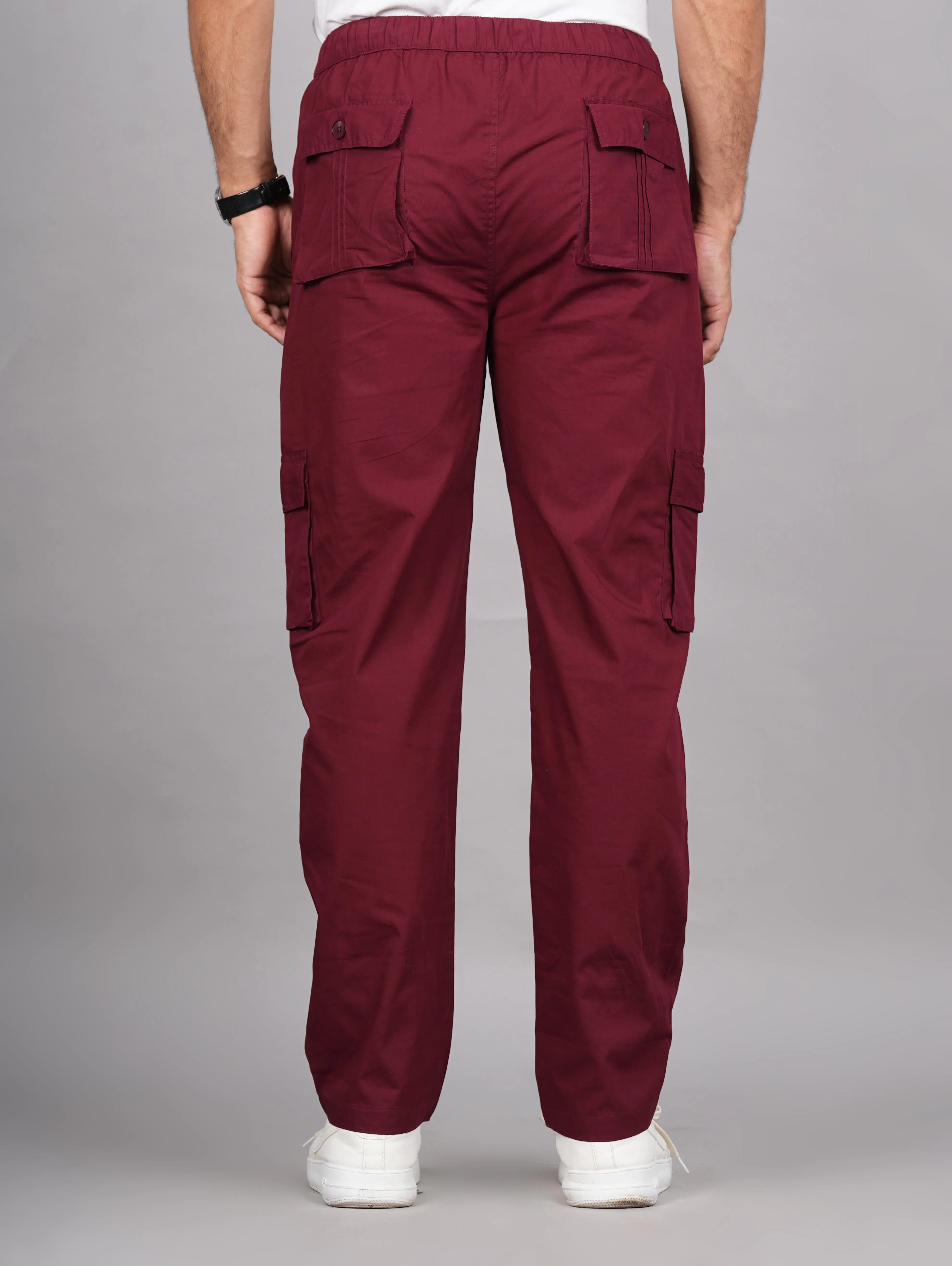 Men's Cotton Maroon Slim Fit Solid Cargos, Casual Trousers With Cargo Pockets (Maroon) - House Of Rp