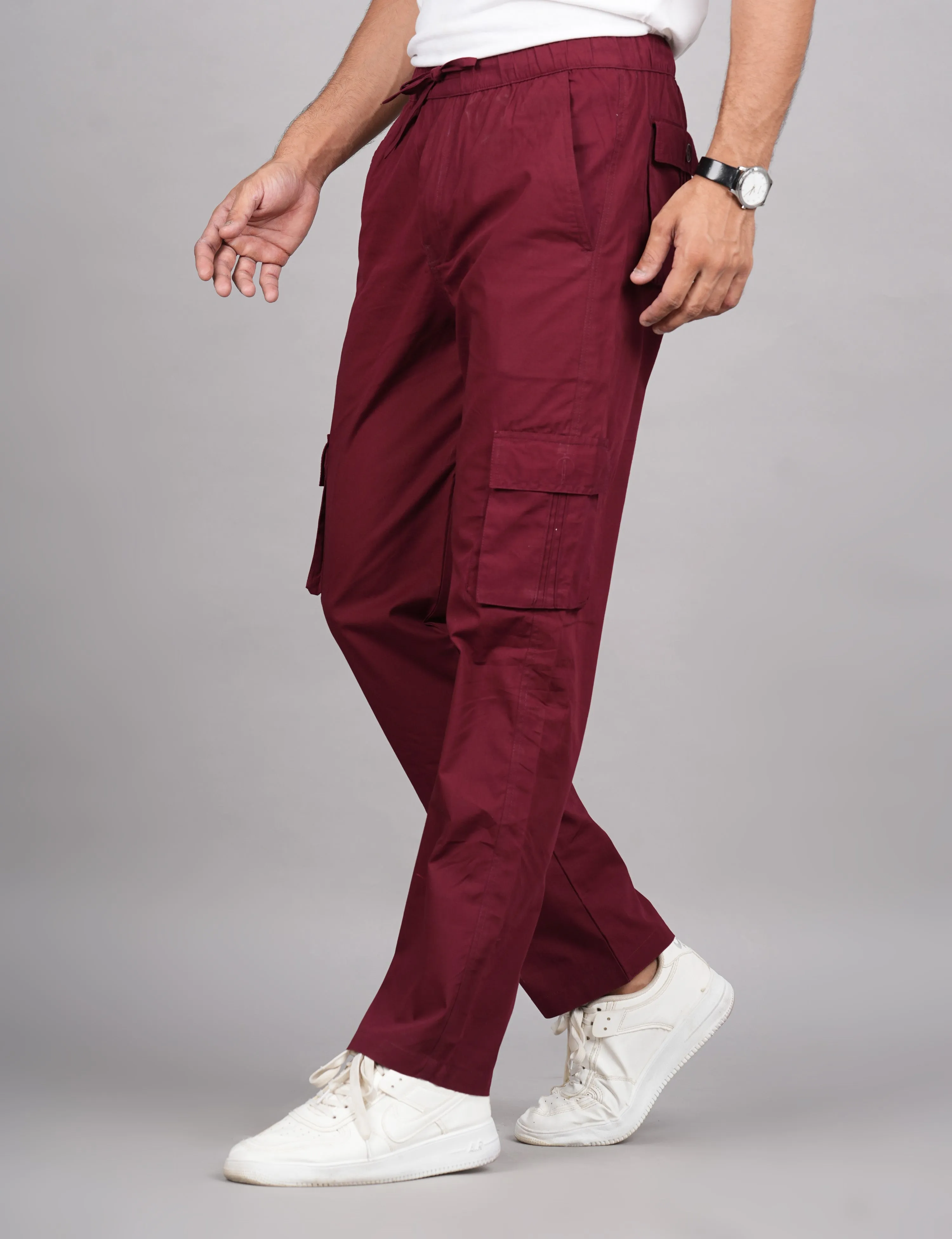 Men's Cotton Maroon Slim Fit Solid Cargos, Casual Trousers With Cargo Pockets (Maroon) - House Of Rp