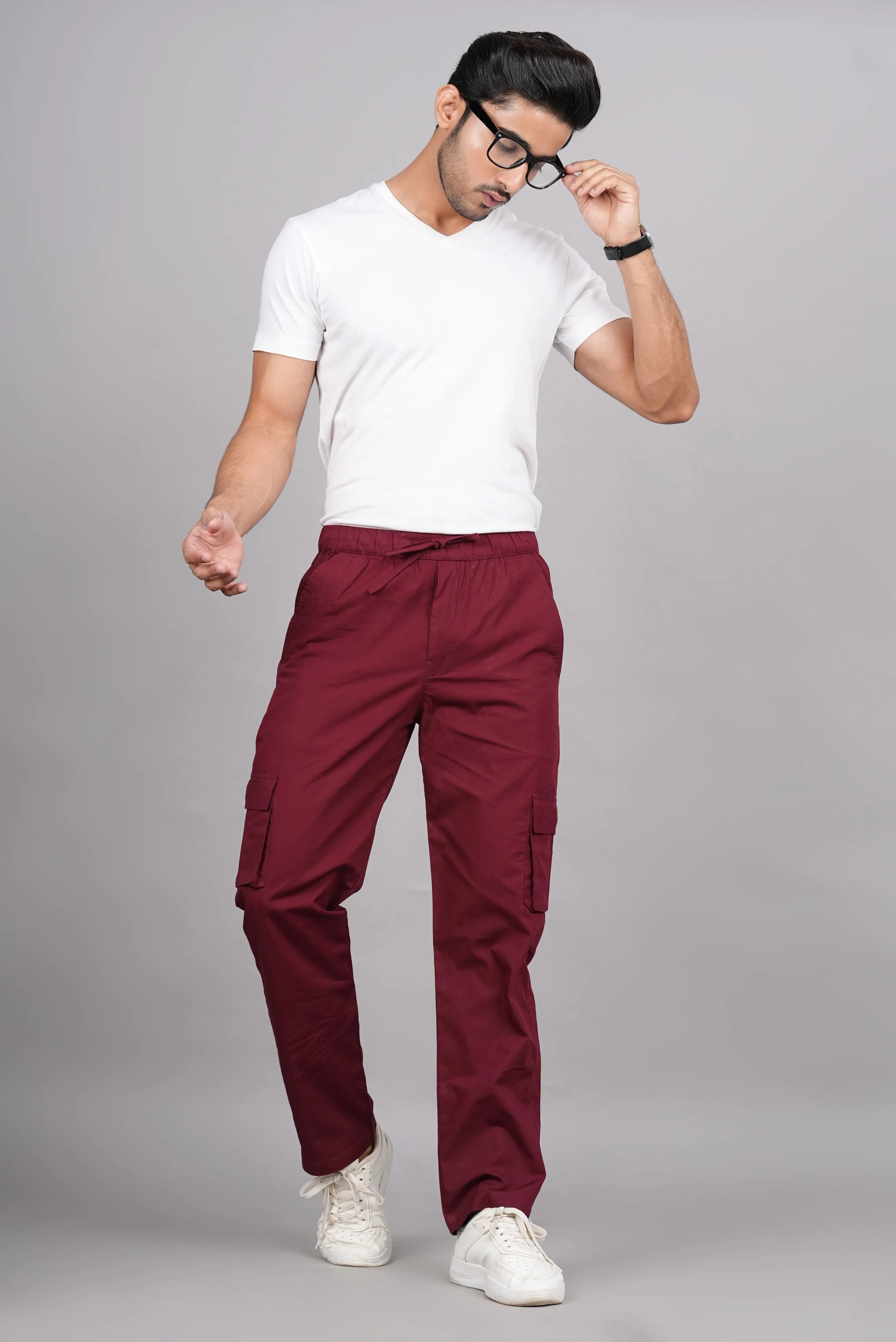 Men's Cotton Maroon Slim Fit Solid Cargos, Casual Trousers With Cargo Pockets (Maroon) - House Of Rp