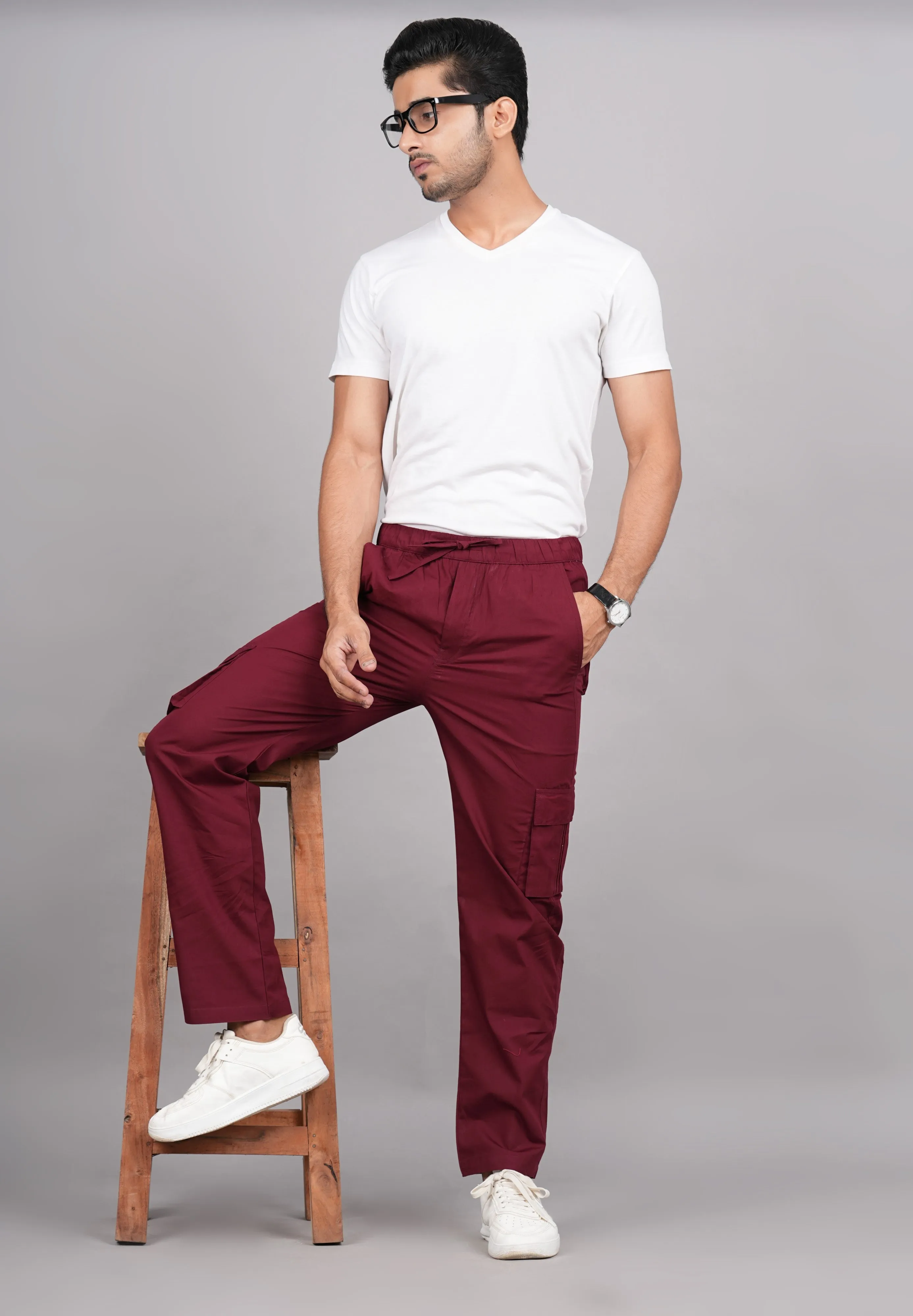 Men's Cotton Maroon Slim Fit Solid Cargos, Casual Trousers With Cargo Pockets (Maroon) - House Of Rp