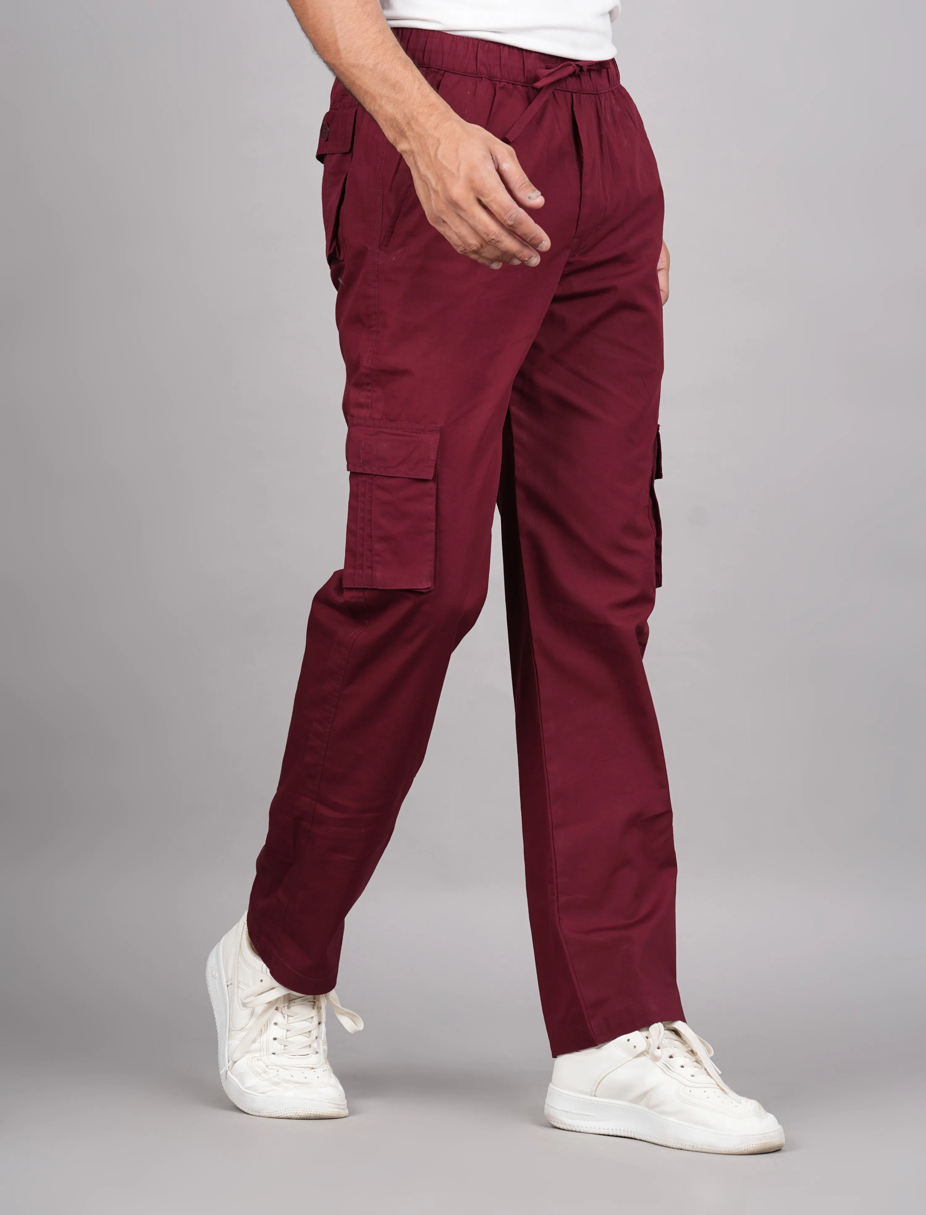 Men's Cotton Maroon Slim Fit Solid Cargos, Casual Trousers With Cargo Pockets (Maroon) - House Of Rp