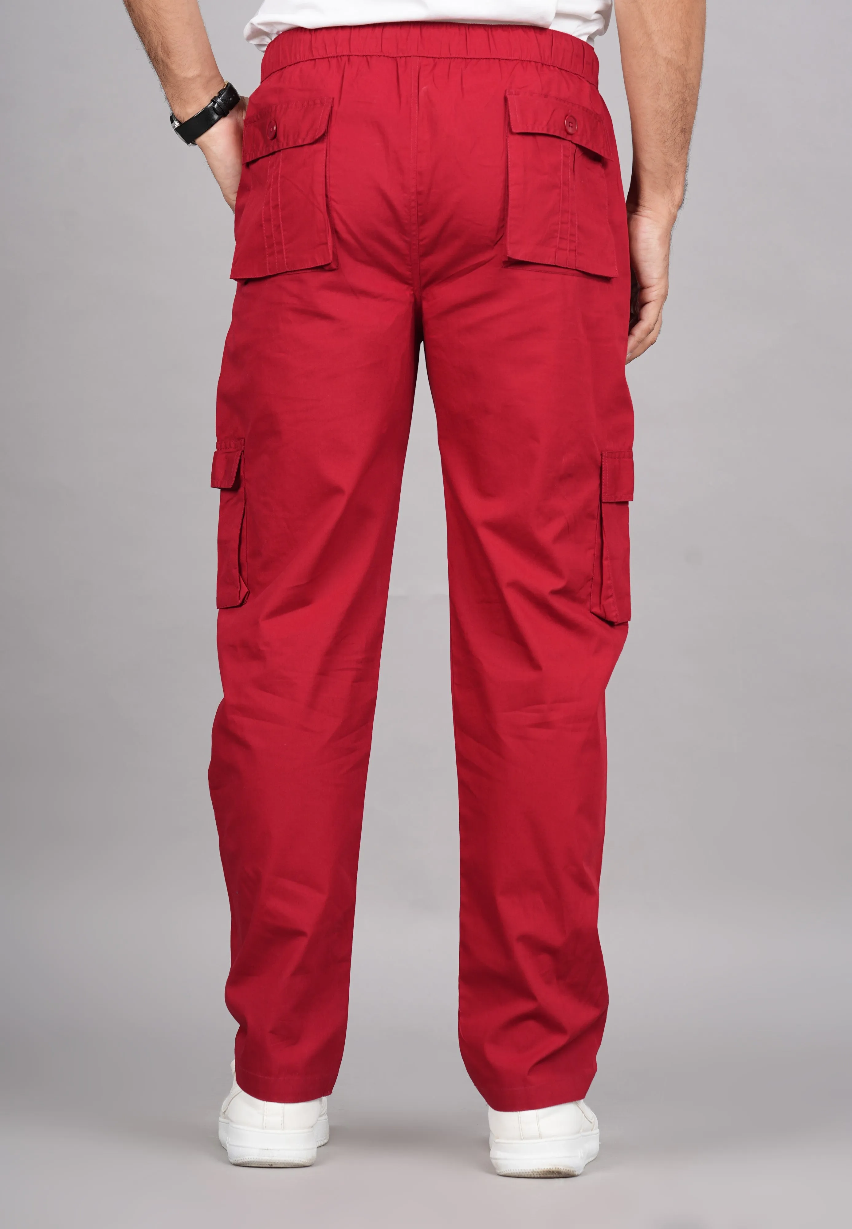 Men's Cotton Red Slim Fit Solid Cargos, Casual Trousers With Cargo Pockets (Red) - House Of Rp