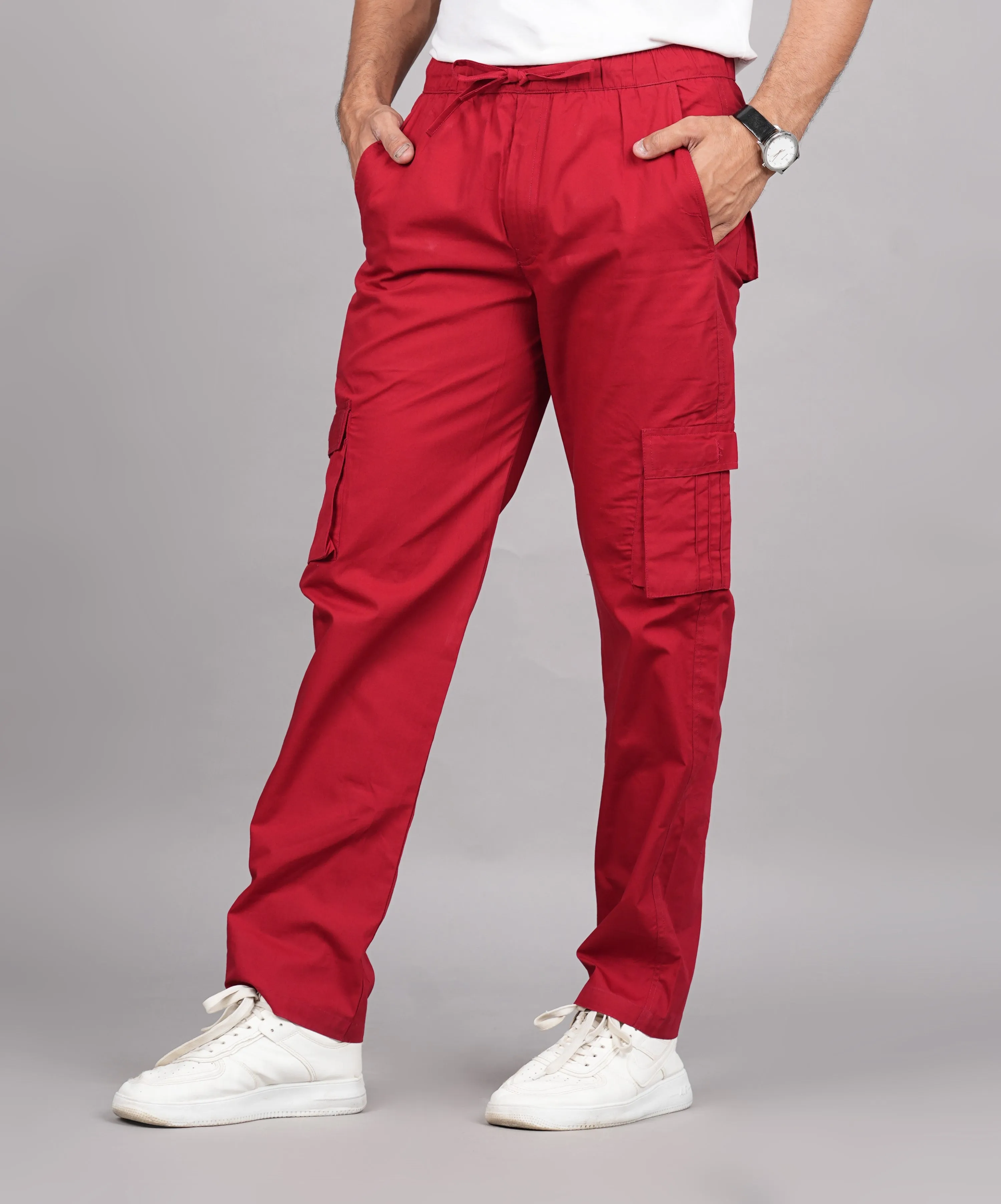 Men's Cotton Red Slim Fit Solid Cargos, Casual Trousers With Cargo Pockets (Red) - House Of Rp