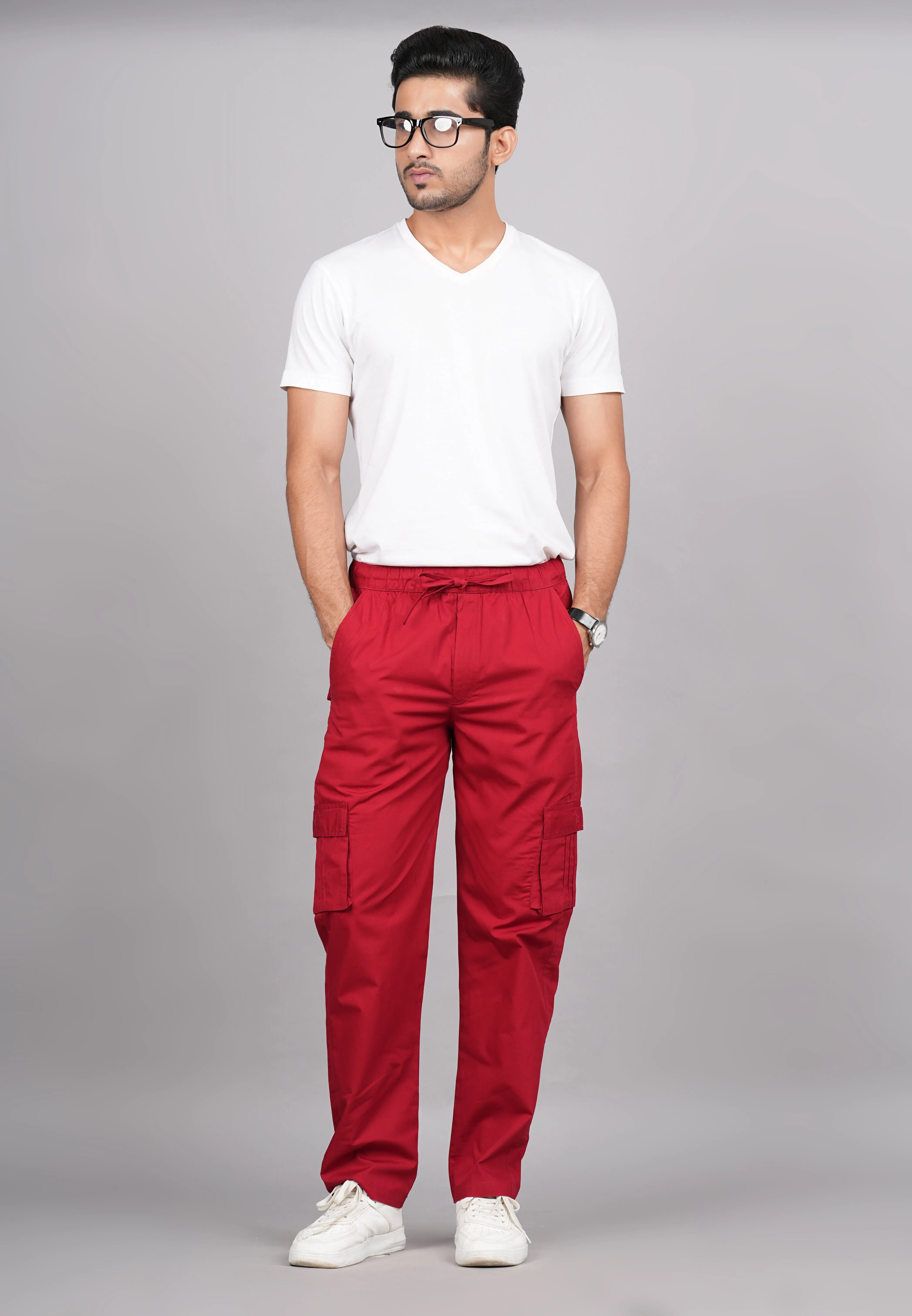 Men's Cotton Red Slim Fit Solid Cargos, Casual Trousers With Cargo Pockets (Red) - House Of Rp