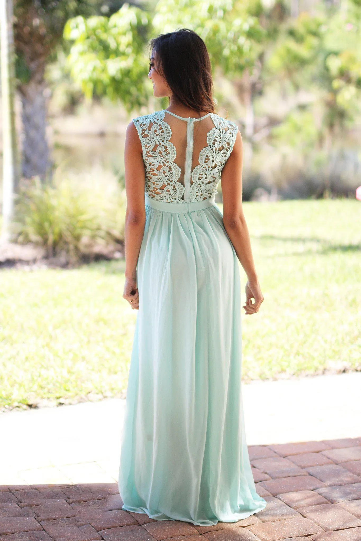 Mint Crochet Maxi Dress with Tulle Back