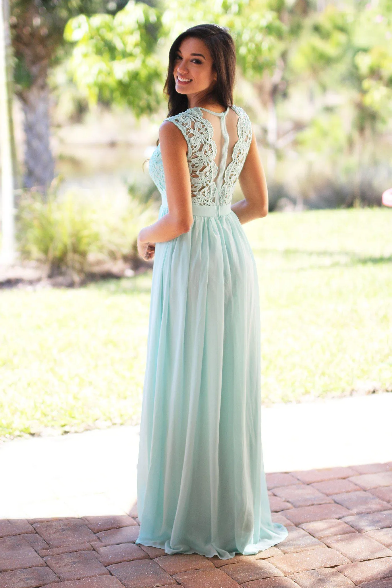 Mint Crochet Maxi Dress with Tulle Back