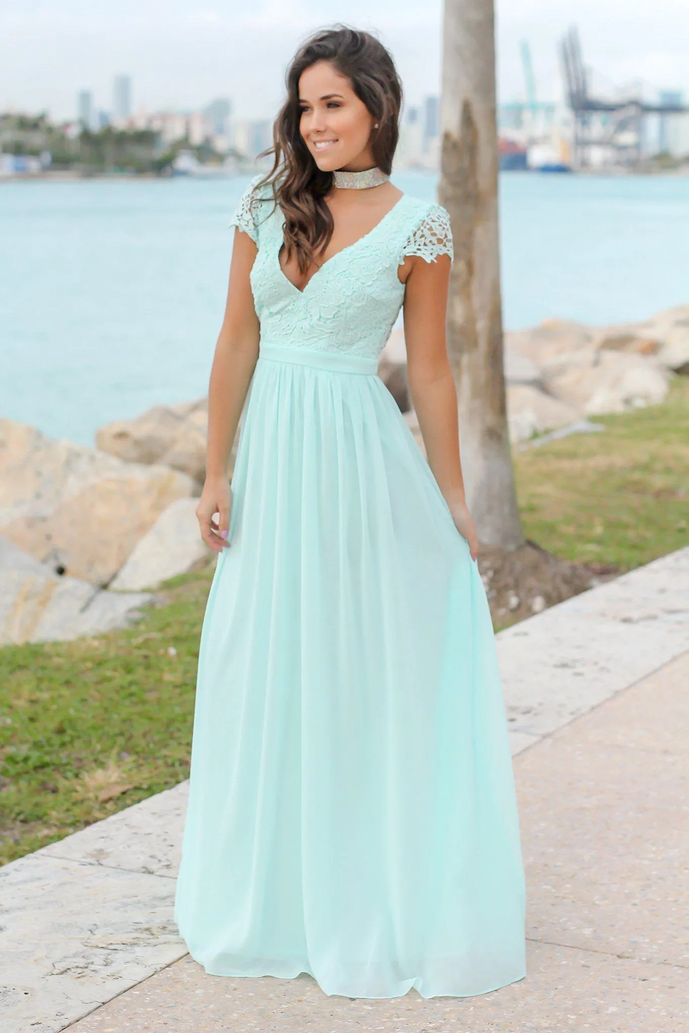 Mint Crochet Top Maxi Dress with Open Back