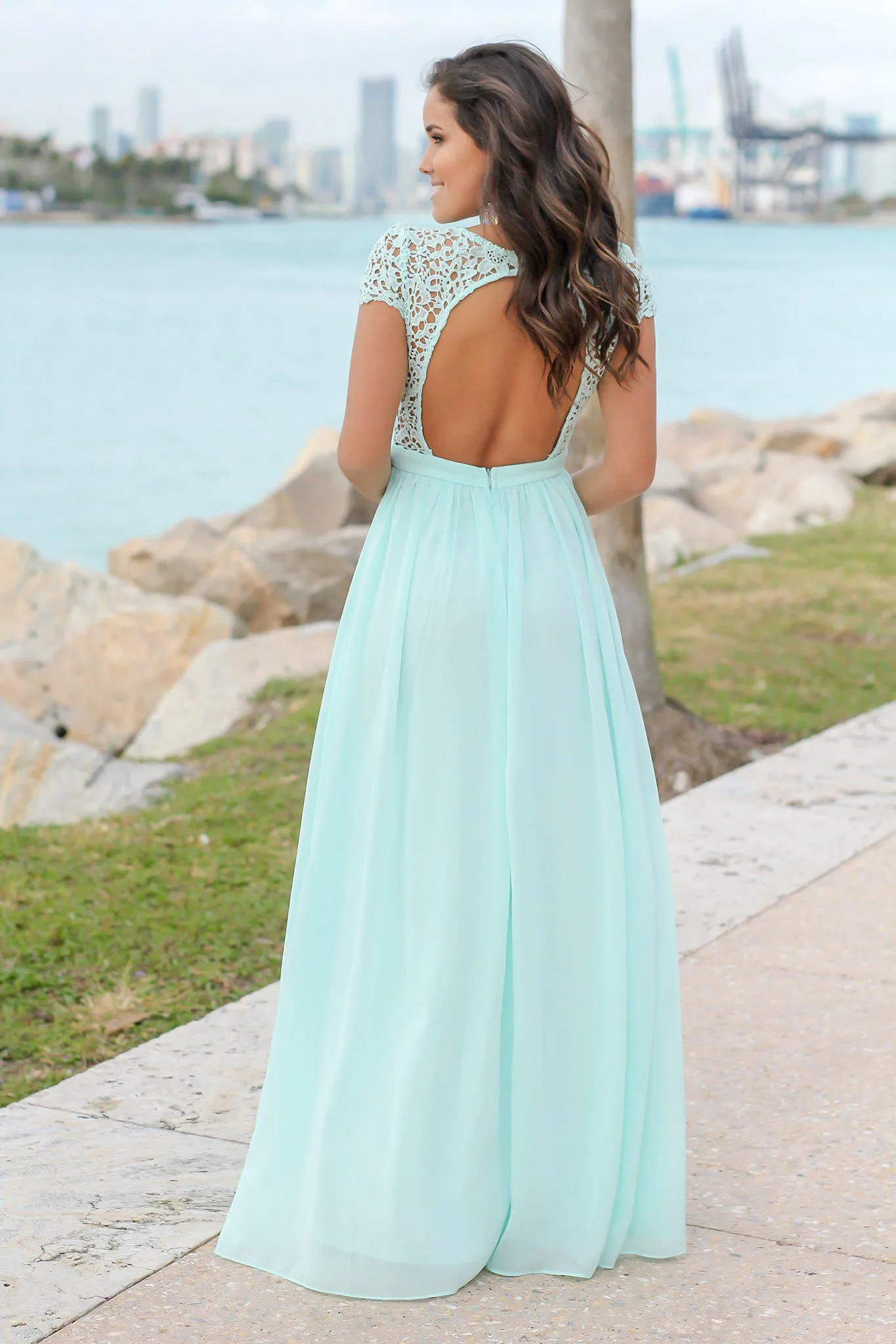 Mint Crochet Top Maxi Dress with Open Back