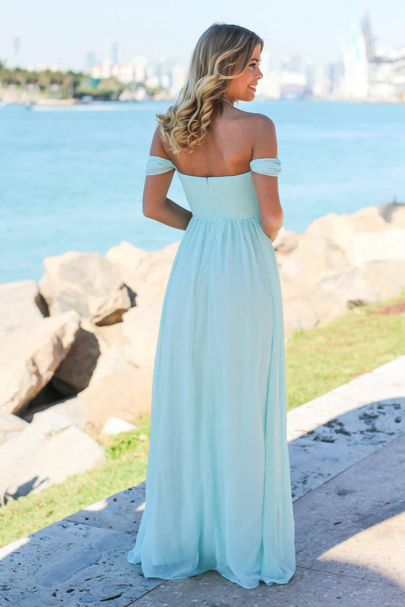 Mint Off Shoulder Maxi Dress with Pleated Top