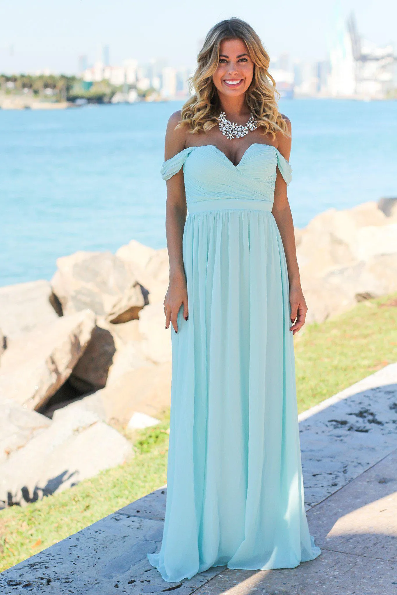 Mint Off Shoulder Maxi Dress with Pleated Top