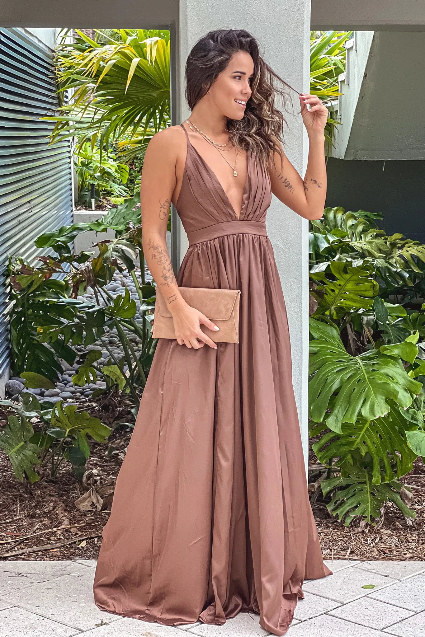 Mocha Satin Maxi Dress With Criss Cross Back