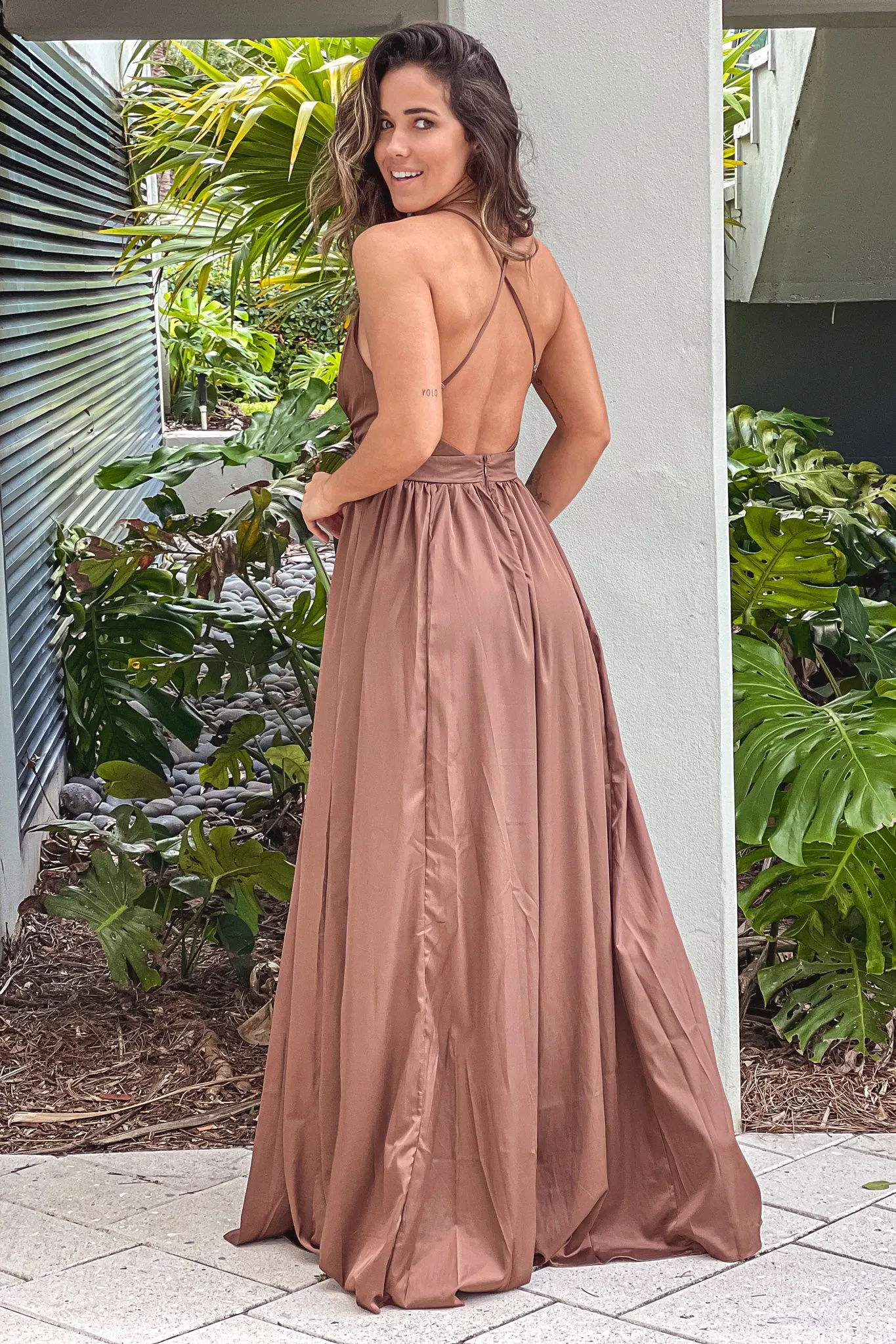 Mocha Satin Maxi Dress With Criss Cross Back