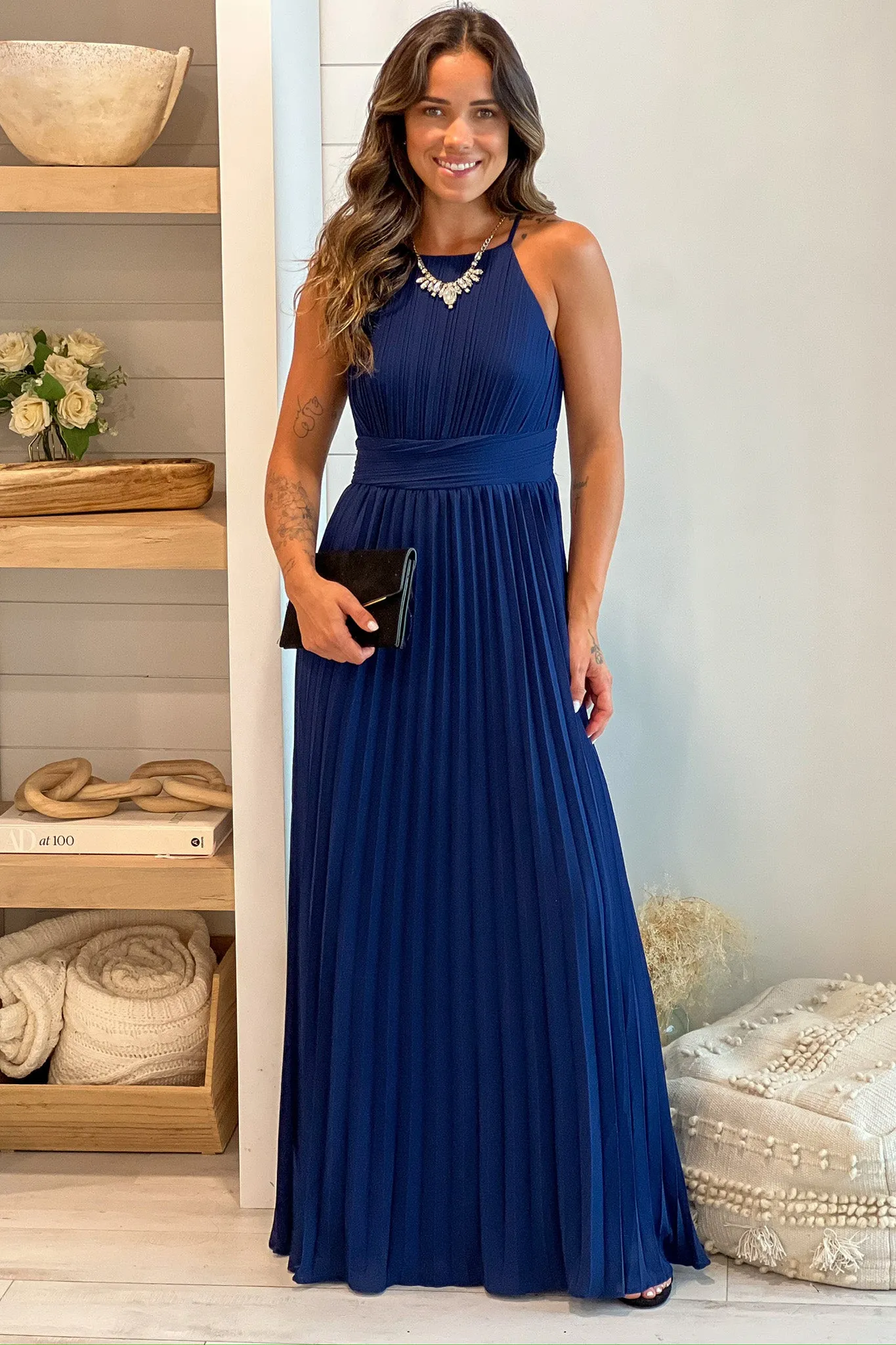 Navy Pleated Maxi Dress