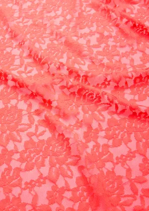 Neon Peach Lace Stretch Dress Material In A Rose Floral Pattern Flo Clrs Nylon Spandex 60"