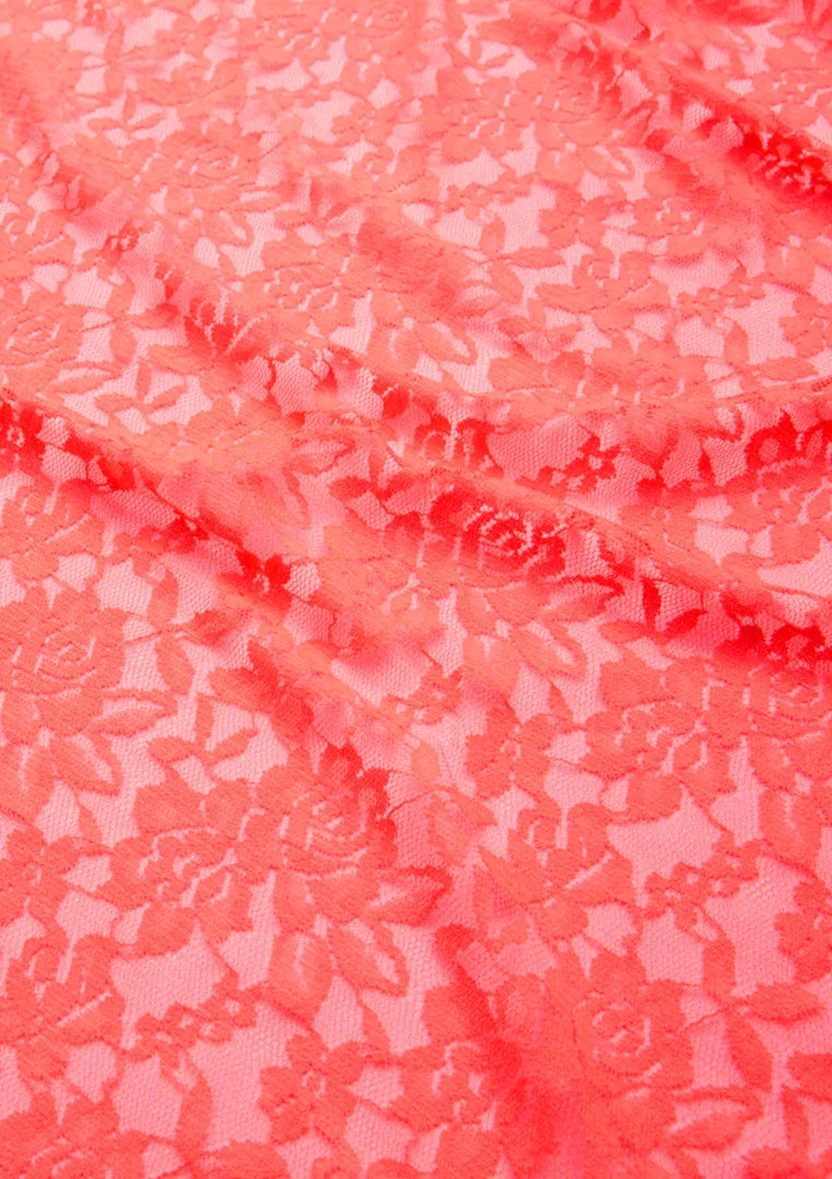 Neon Peach Lace Stretch Dress Material In A Rose Floral Pattern Flo Clrs Nylon Spandex 60"