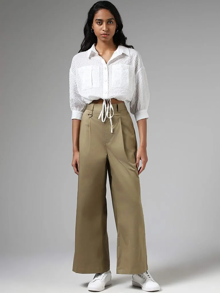 Nuon Solid Olive Green Wide-Leg Trousers