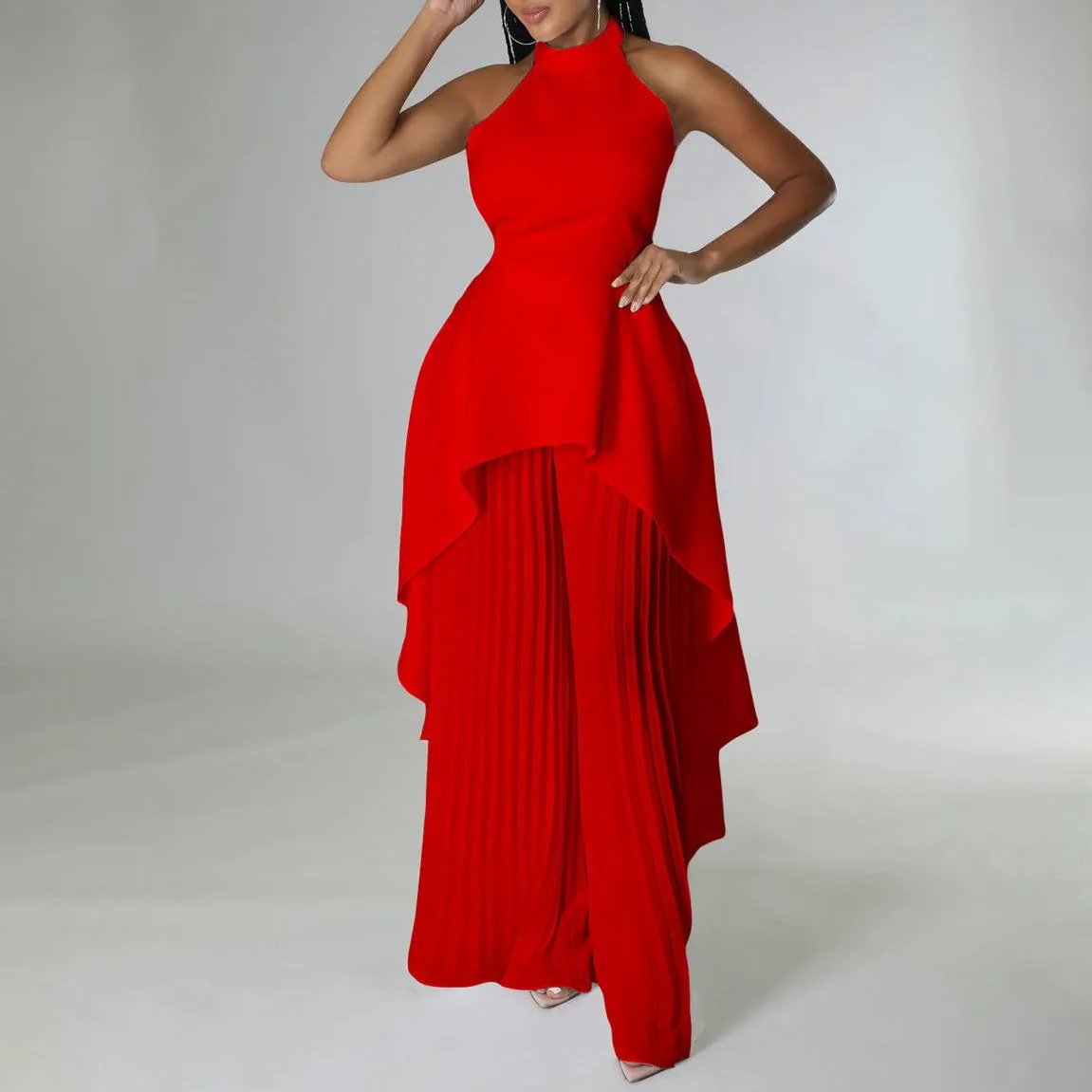 Off Shoulder Sleeveless Backless Top and Pleated Pants