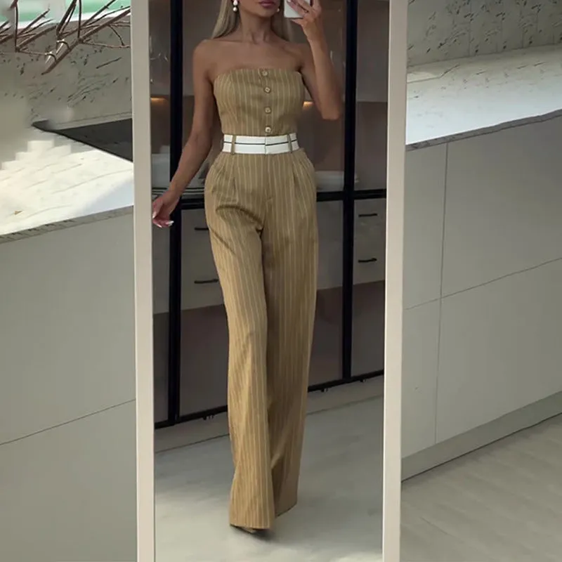 Off Shoulder Striped Wide-leg Jumpsuit