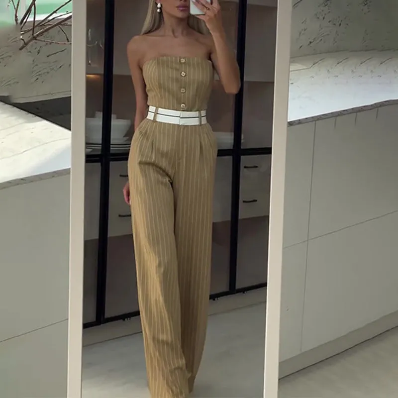 Off Shoulder Striped Wide-leg Jumpsuit