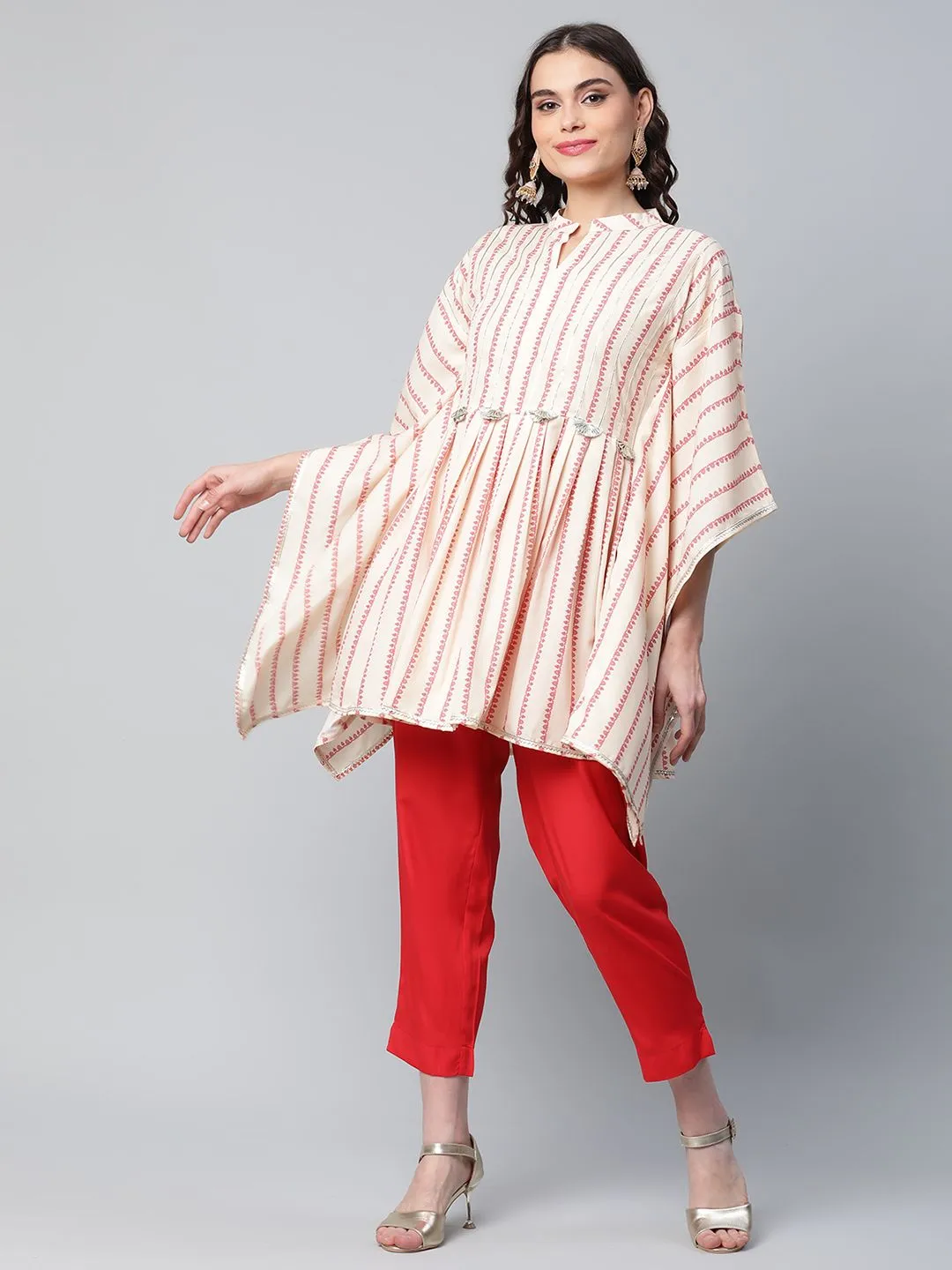 Off White Crepe Printed Kaftan Pant Set