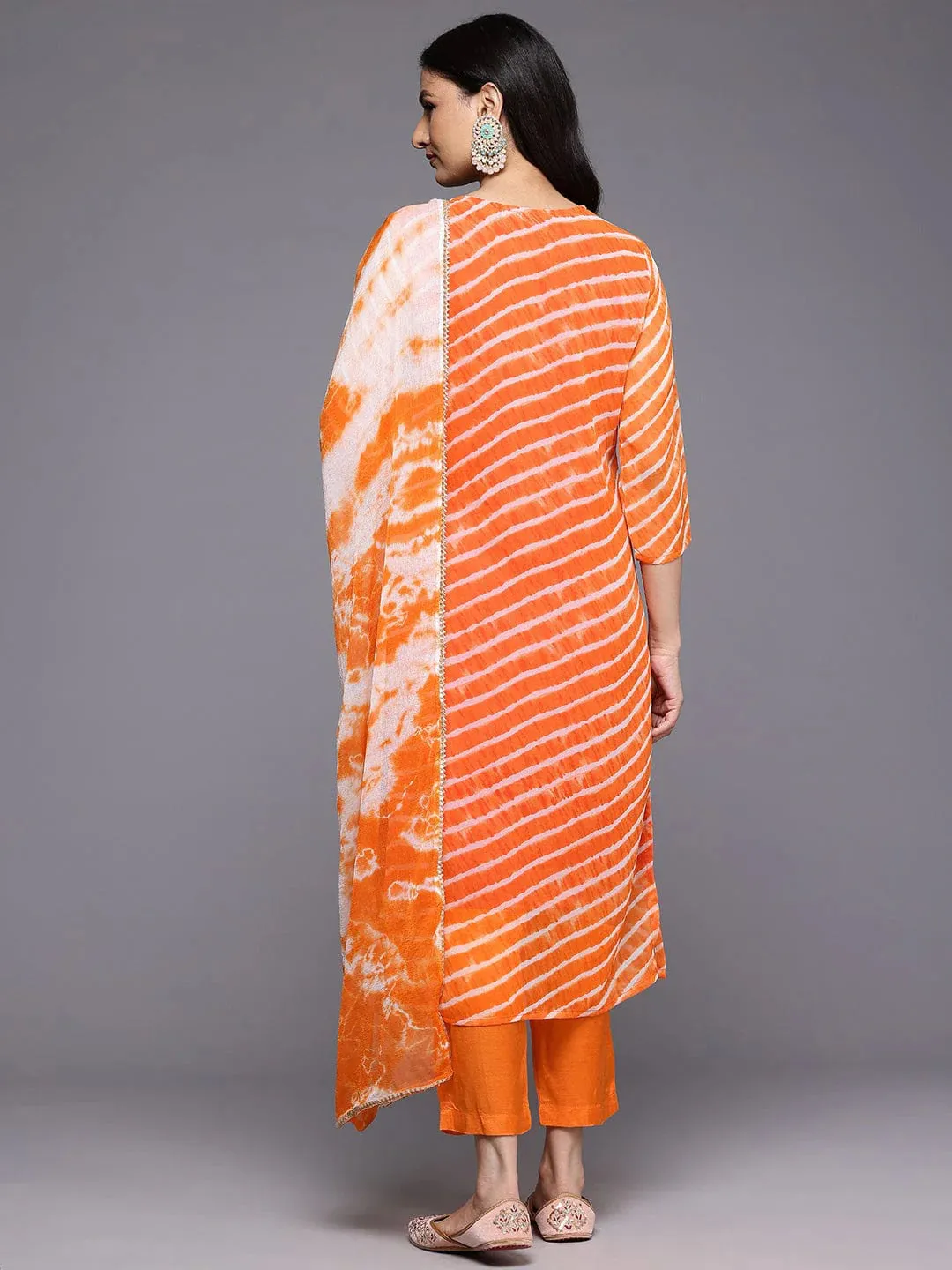 Orange Leheriya Zari Embroidered Silk Georgette Kurta with Shatoon Botton and a Silk Chiffon Dupatta