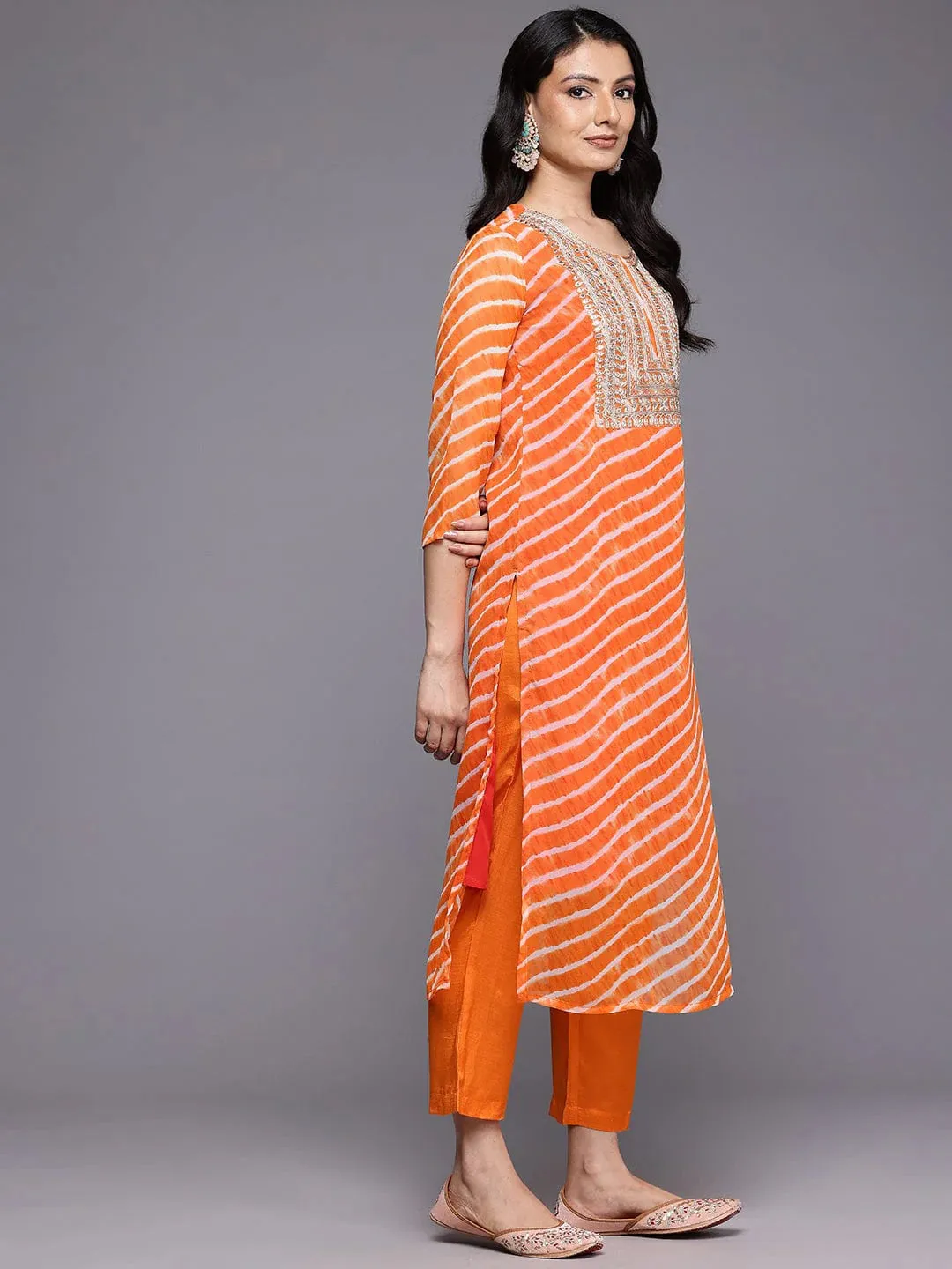 Orange Leheriya Zari Embroidered Silk Georgette Kurta with Shatoon Botton and a Silk Chiffon Dupatta